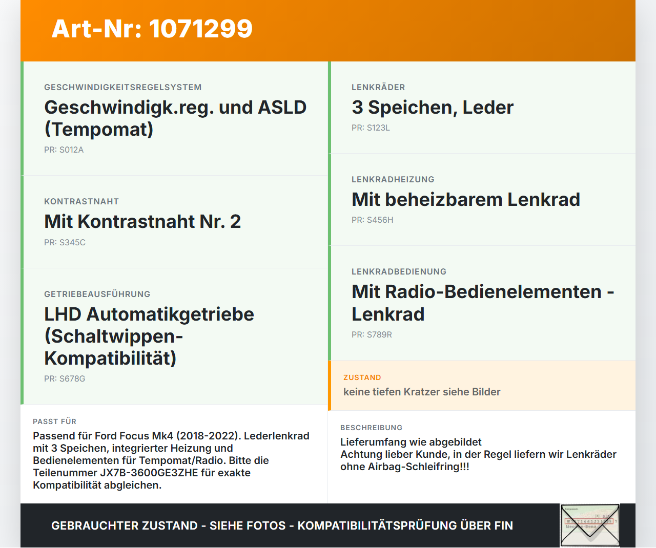 Ford Focus HP 18-22 Lenkrad ohne Airbag Ford Focus HP 18-22 15.12.2020 JX7B-3600-GF3ZHE JX7B-3600GE3ZHE 34246312F... Vorschau 3