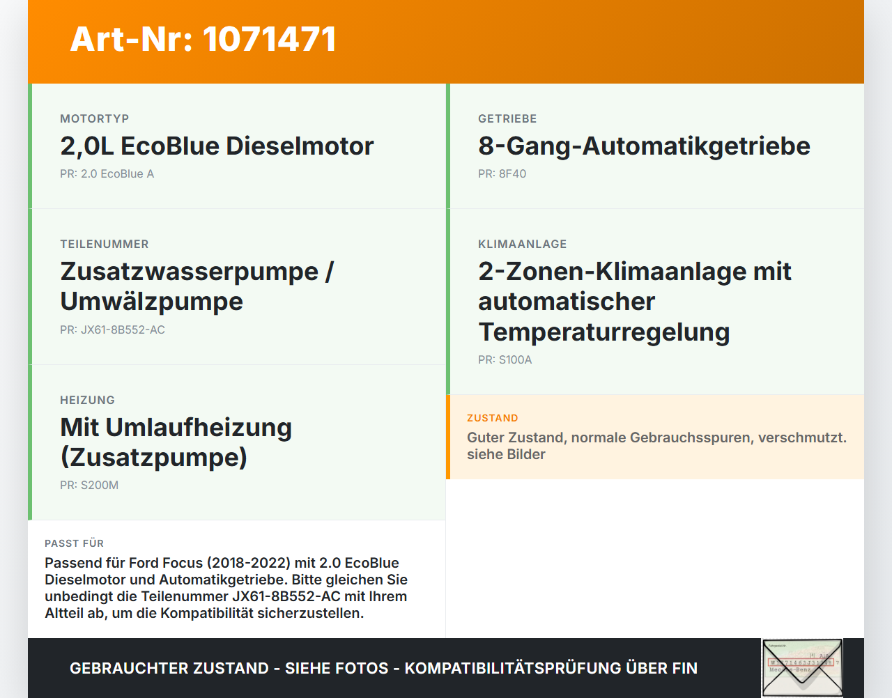 Ford Focus HP 18-22 2,0 110KW Umwelzpumpe Zusatzwasserpumpe Ford Focus HP 18-22 15.12.2020 JX61-8B552-AC... Vorschau 3