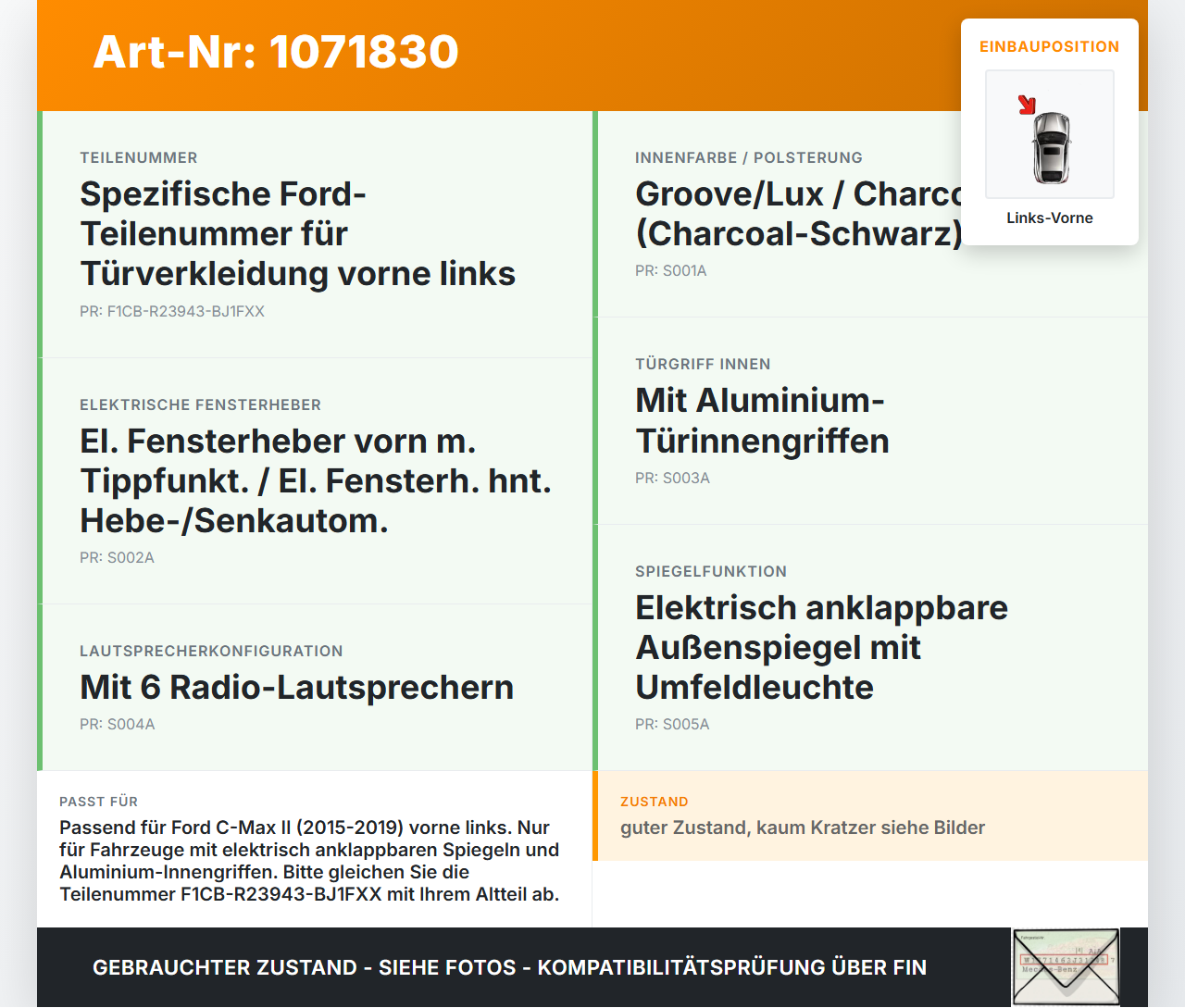 Ford C-Max II 15-19 5T Türverkleidung Türpappe Links Vorne Ford C-Max II 15-19 09.01.2018 F1CB-R23943-BJ1FXX... Vorschau 3