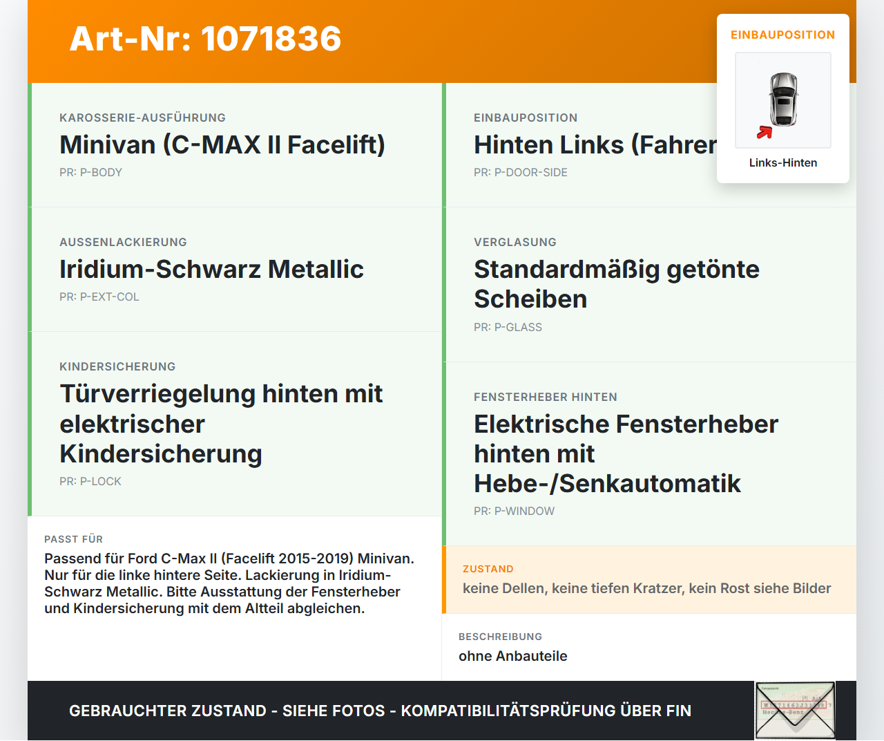 Ford C-Max II 15-19 5T Tür Links Hinten Ford C-Max II 15-19 09.01.2018 PE1C1-R24631-AB gebraucht Vorschau 3