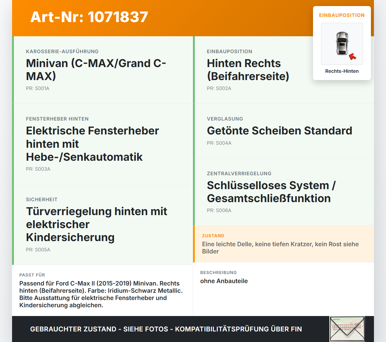 Ford C-Max II 15-19 5T Tür Rechts Hinten Ford C-Max II 15-19 09.01.2018 PE1C1-R24630-AB gebraucht Vorschau 3