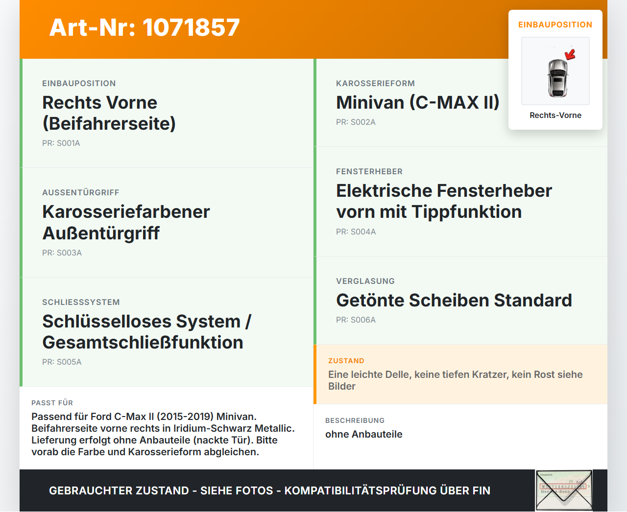 Ford C-Max II 15-19 5T Tür Beifahrertür Rechts Vorne Ford C-Max II 15-19 09.01.2018 PF1CB-U20124-AE gebraucht Vorschau 3