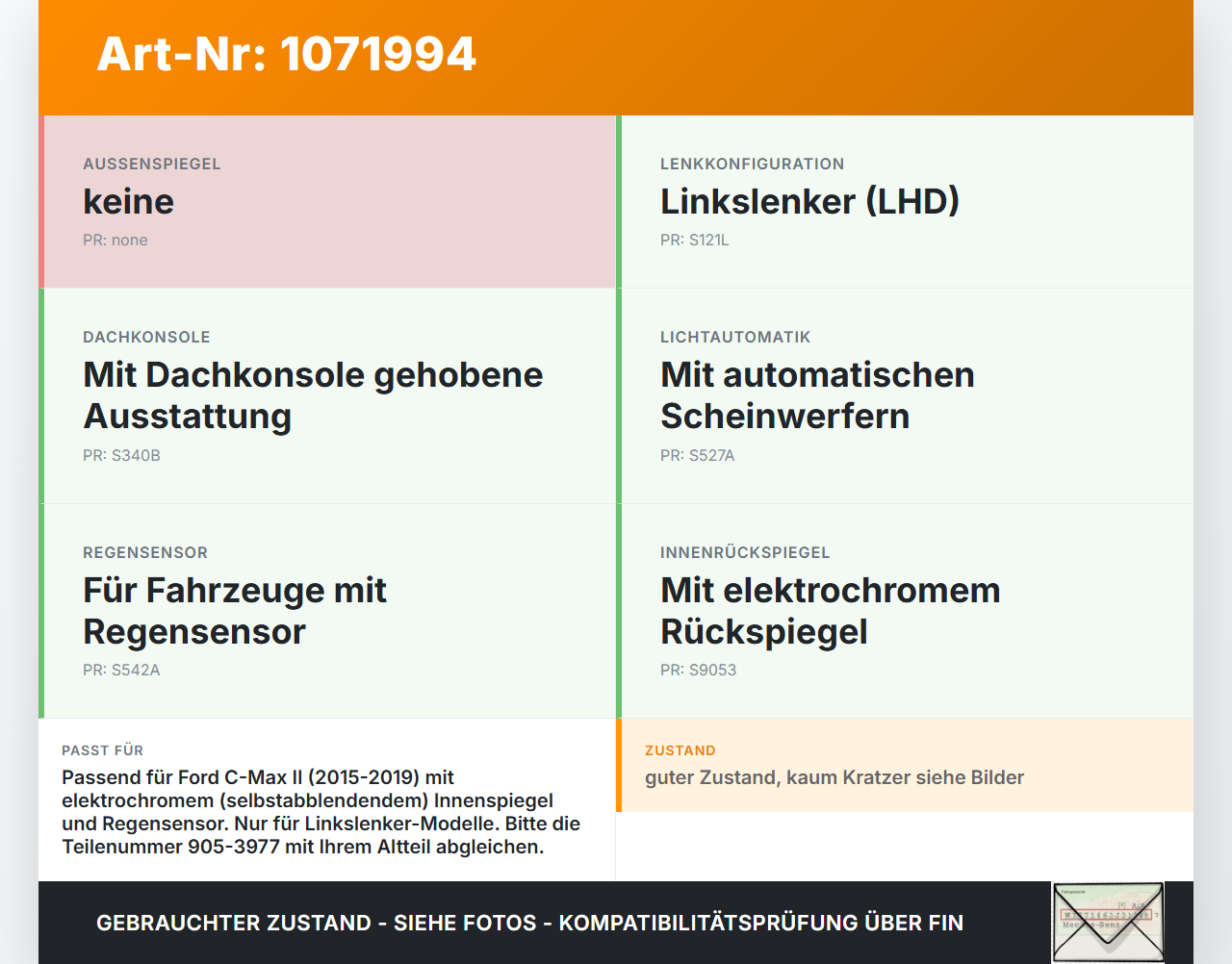 Ford C-Max II 15-19 Innenspiegel Rückspiegel Spiegel Innen Ford C-Max II 15-19 09.01.2018 BU5A-17E678-KD 905-3977... Vorschau 3
