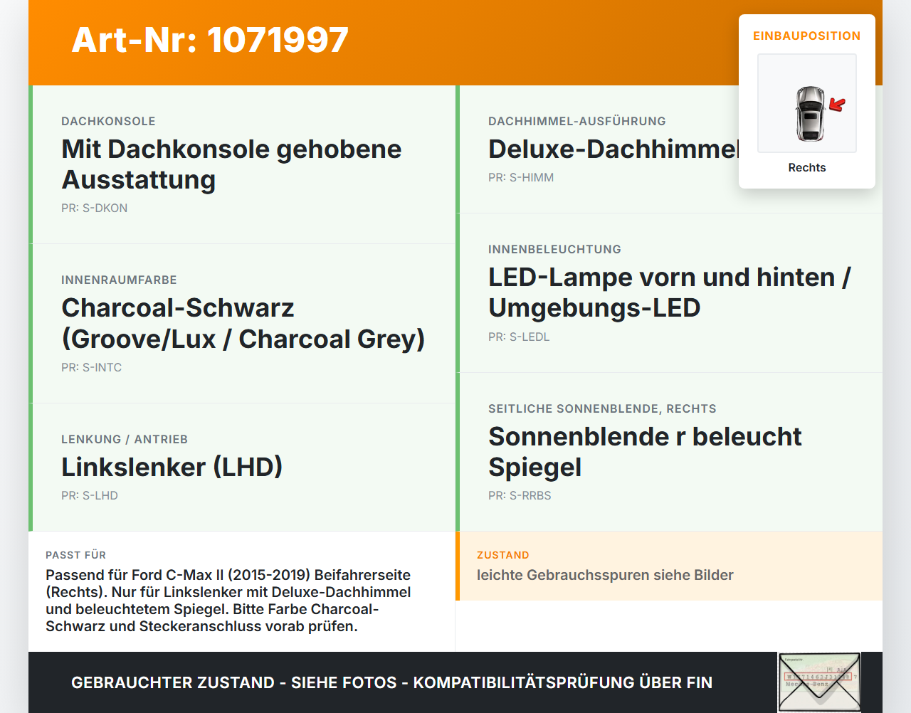 Ford C-Max II 15-19 Sonnenblende Rechts für Beifahrer Ford C-Max II 15-19 09.01.2018 AM51-A04100-KB3AM1 gebraucht Vorschau 3