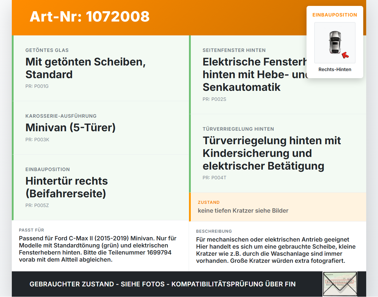 Ford C-Max II 15-19 5T RHK Seitenscheibe für Tür Türscheibe Rechts Hinten Ford C-Max II 15-19 09.01.2018... Vorschau 3
