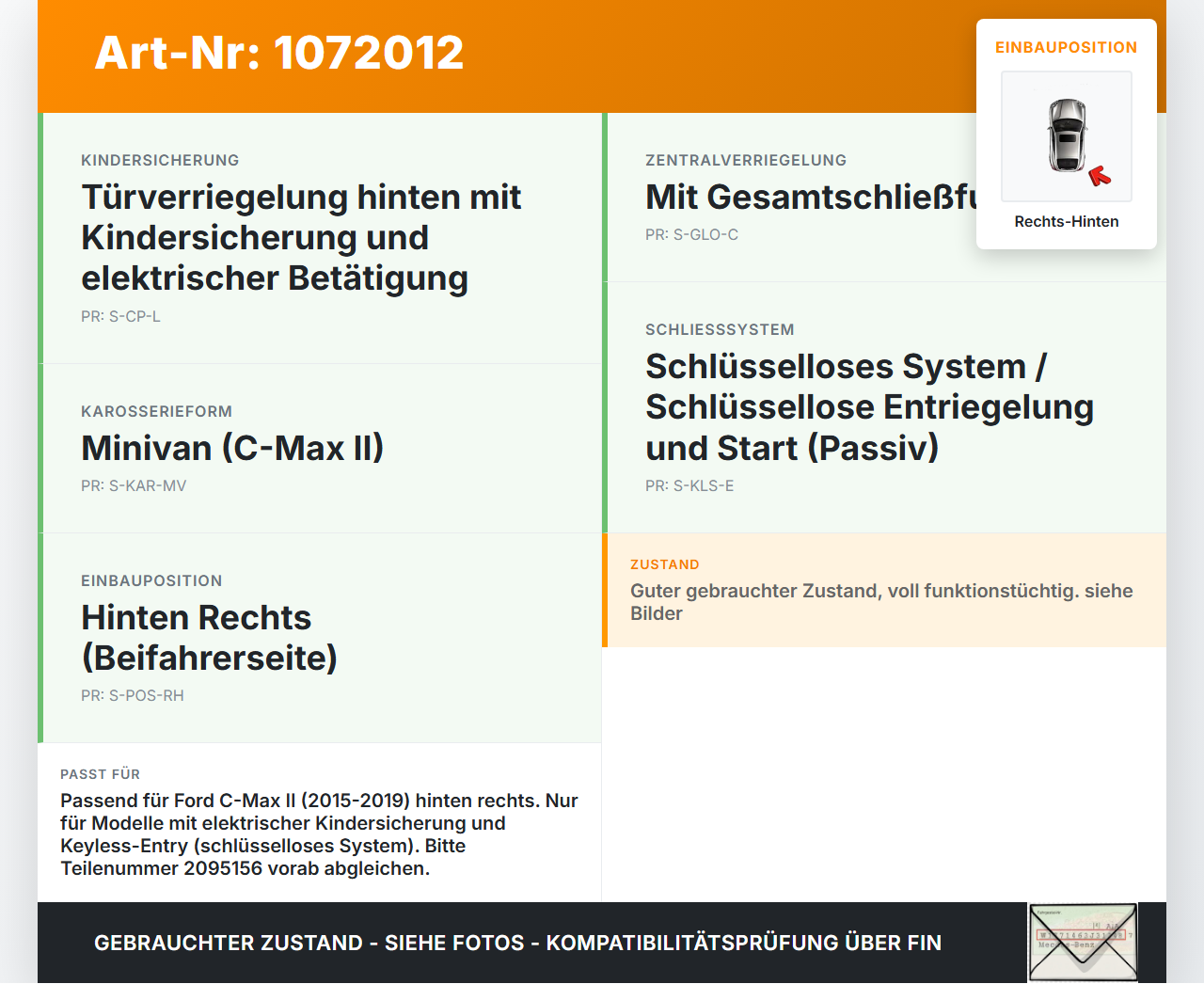 Ford C-Max II 15-19 5T Türschloss m. ZV Stellmotor Rechts Hinten Ford C-Max II 15-19 09.01.2018 AM5A-R26412-CF gebraucht Vorschau 3