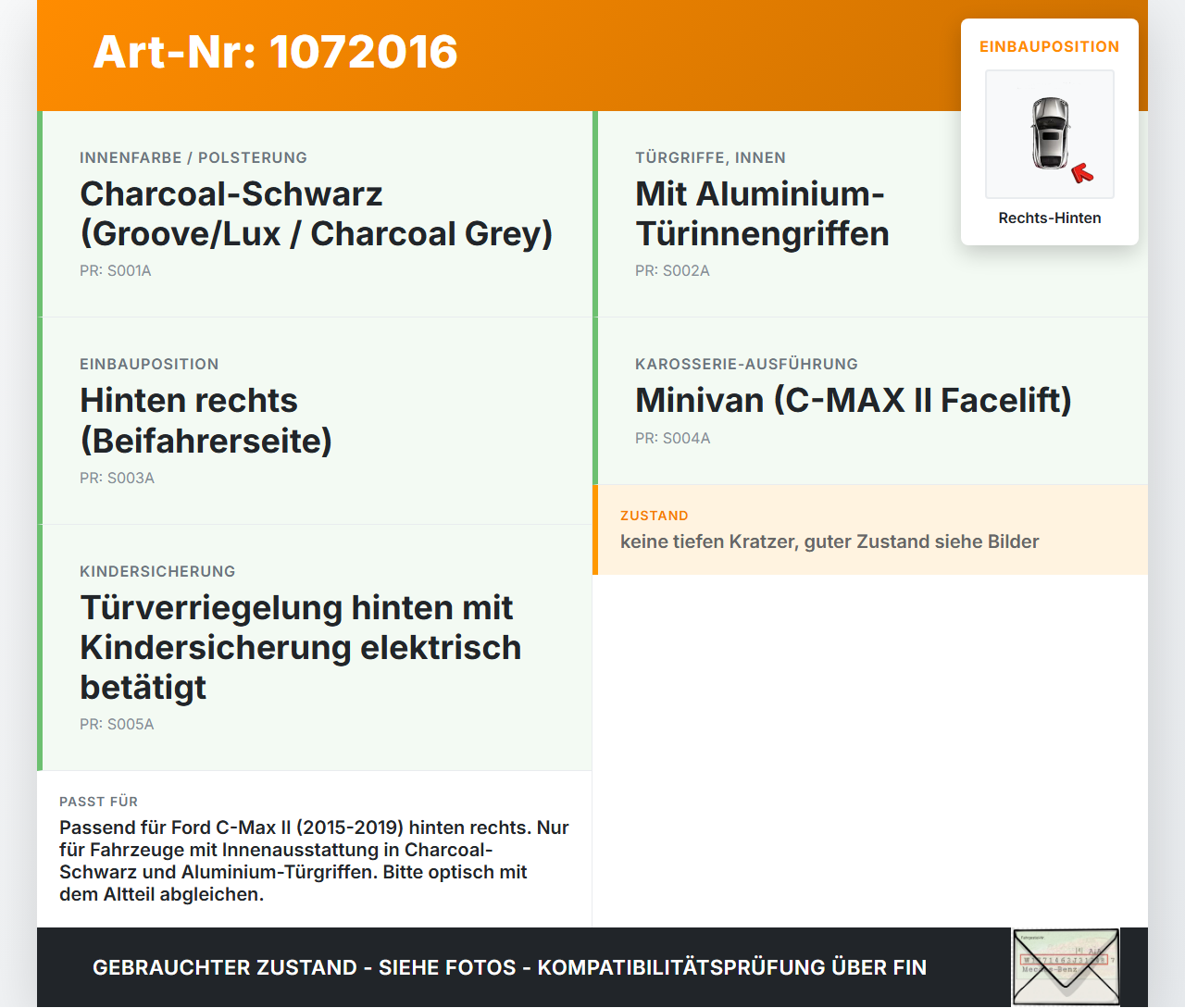 Ford C-Max II 15-19 5T Griff Griffmuschel Türgriff Innen Rechts Hinten Ford C-Max II 15-19 09.01.2018... Vorschau 3