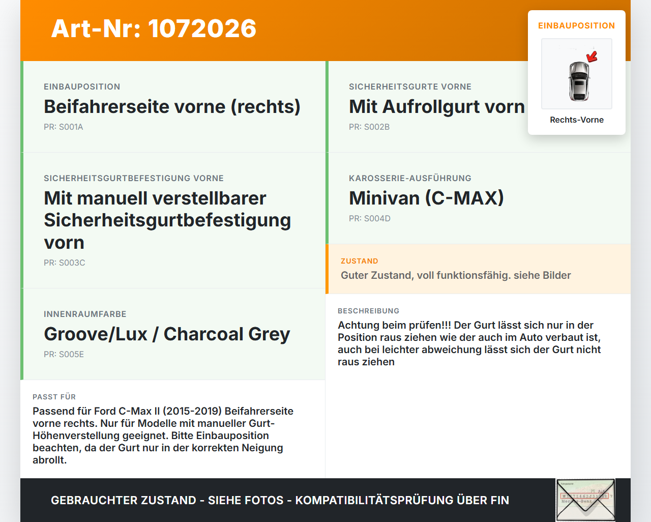 Ford C-Max II 15-19 5T Gurt Sicherheitsgurt Gurtstraffer für Beifahrer Rechts Vorne Ford C-Max II 15-19 09.01.2018... Vorschau 3