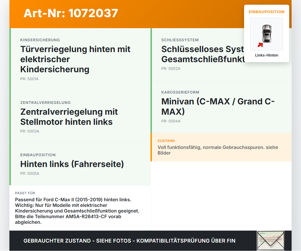 Ford C-Max II 15-19 5T Türschloss m. ZV Stellmotor Links Hinten Ford C-Max II 15-19 09.01.2018 AM5A-R26413-CF... Vorschau 3