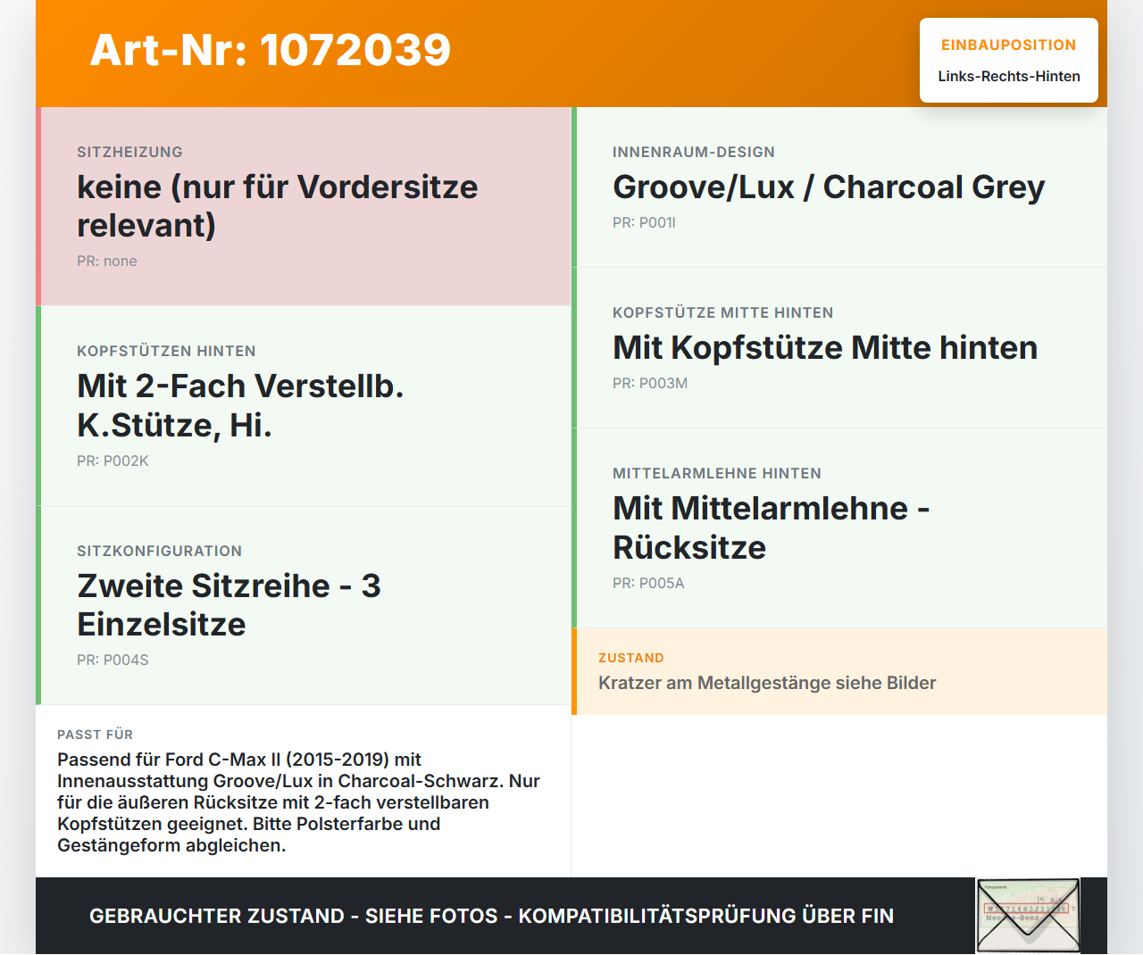 Ford C-Max II 15-19 Kopfstütze Rechts oder Links Hinten Ford C-Max II 15-19 09.01.2018 F1CB-R501A02-CC35B8 gebraucht Vorschau 3