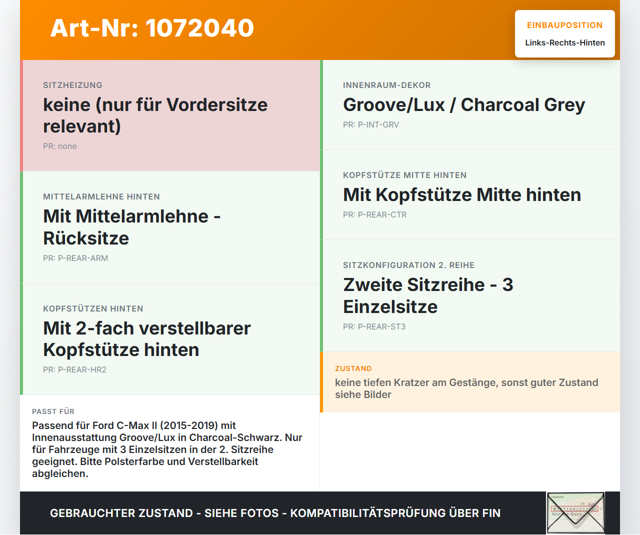 Ford C-Max II 15-19 Kopfstütze Rechts oder Links Hinten Ford C-Max II 15-19 09.01.2018 F1CB-R501A02-CC35B8 gebraucht Vorschau 3