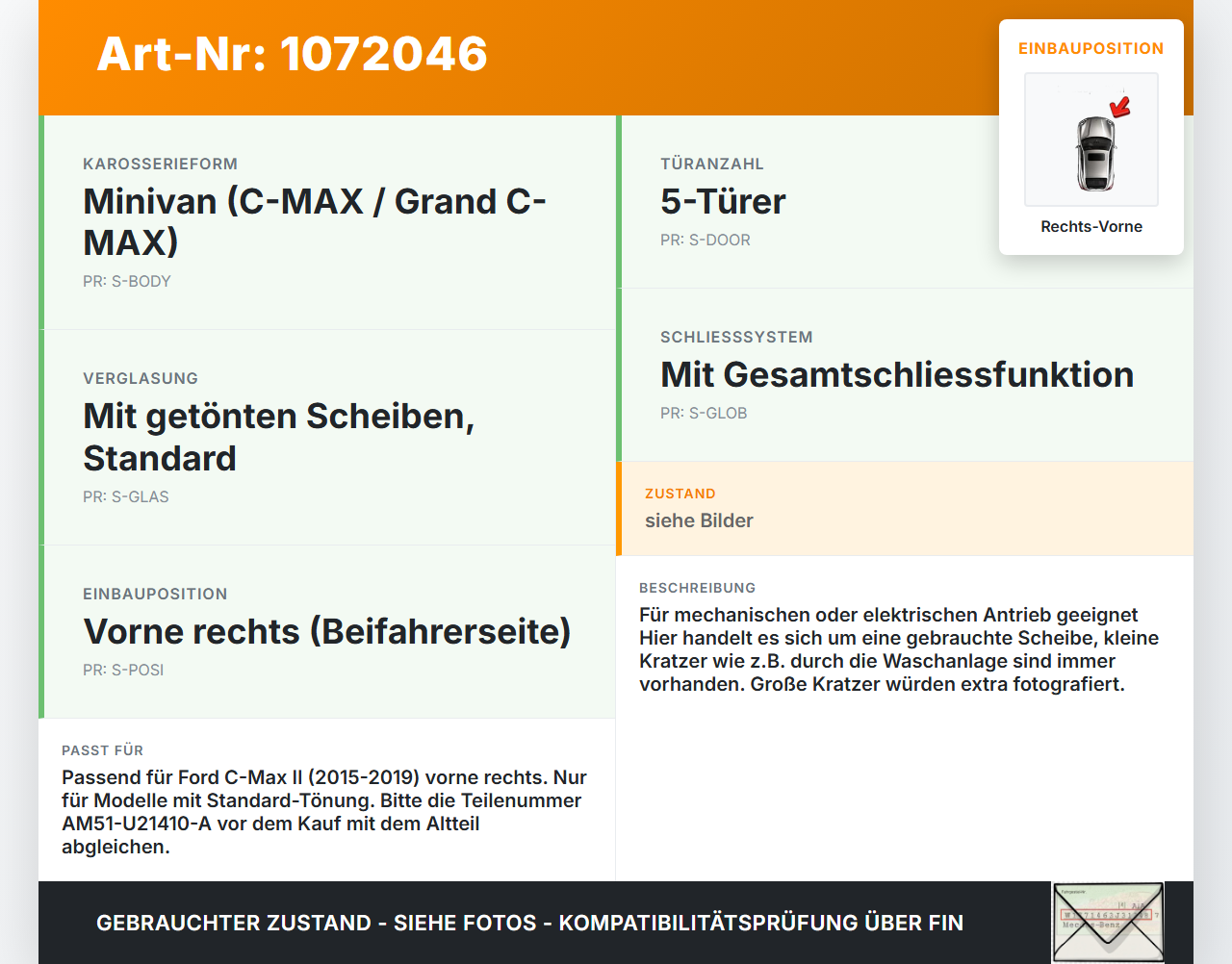 Ford C-Max II 15-19 5T RVK Seitenscheibe für Tür Türscheibe Rechts Vorne Ford C-Max II 15-19 09.01.2018... Vorschau 3
