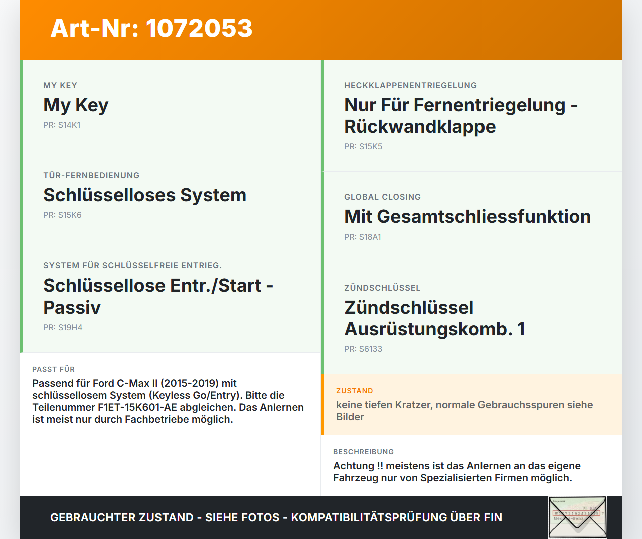 Ford C-Max II 15-19 5T ZV Schlüssel Funkschlüssel Ford C-Max II 15-19 09.01.2018 F1ET-15K601-AF F1ET-15K601-AE... Vorschau 3