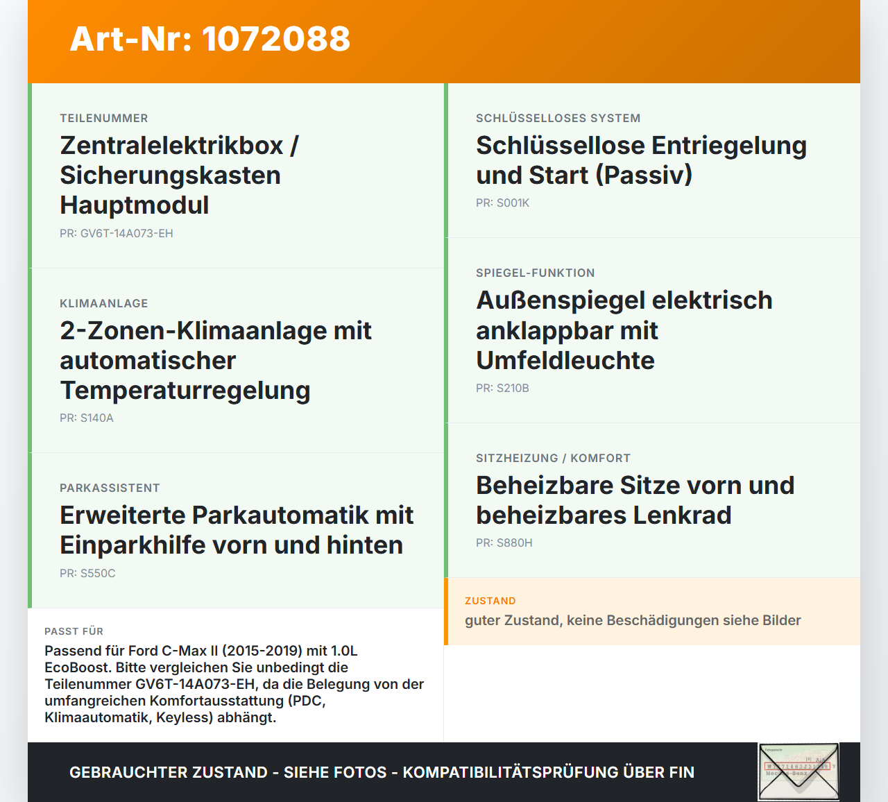 Ford C-Max II 15-19 1,0 92KW Sicherungskasten Zentralelektrik Ford C-Max II 15-19 09.01.2018 JV6T-14A073-EC... Vorschau 3