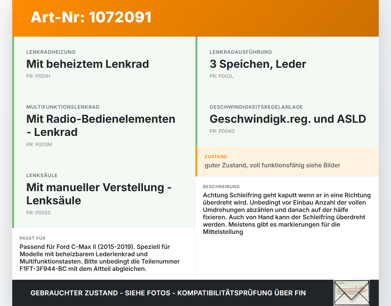 Ford C-Max II 15-19 Airbag Schleifring Wickelfeder Ford C-Max II 15-19 09.01.2018 F1FT-3F944-BC F1FT-14A664-AA gebraucht Vorschau 3