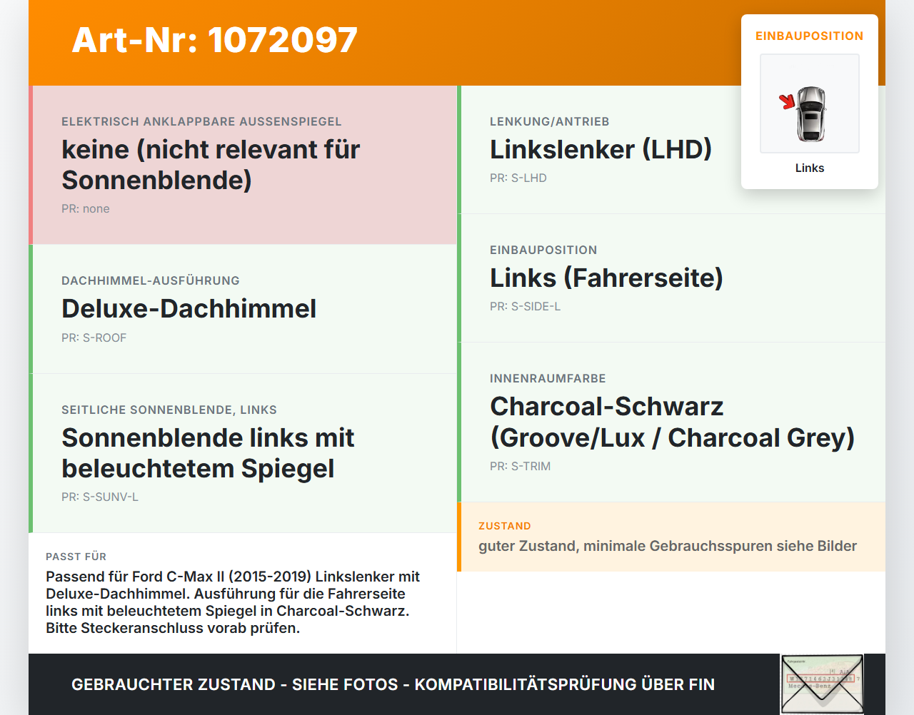 Ford C-Max II 15-19 Sonnenblende Links für Fahrer Ford C-Max II 15-19 09.01.2018 AM51-A04101-DA3AM1 gebraucht Vorschau 3