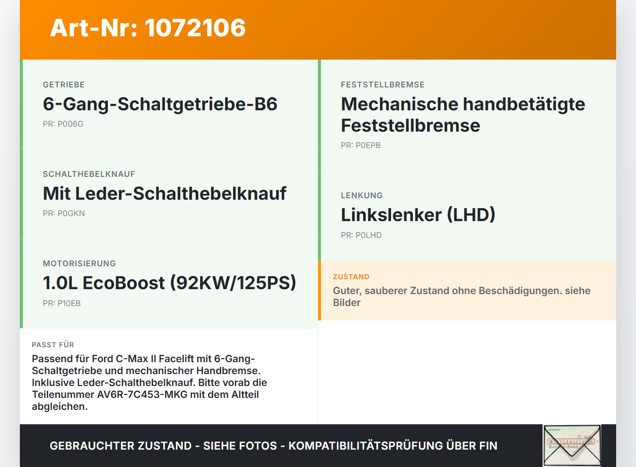 Ford C-Max II 15-19 1,0 92KW Schaltkulisse Schalthebel 6G Ford C-Max II 15-19 09.01.2018 AV6R-7C453-MKG gebraucht Vorschau 3