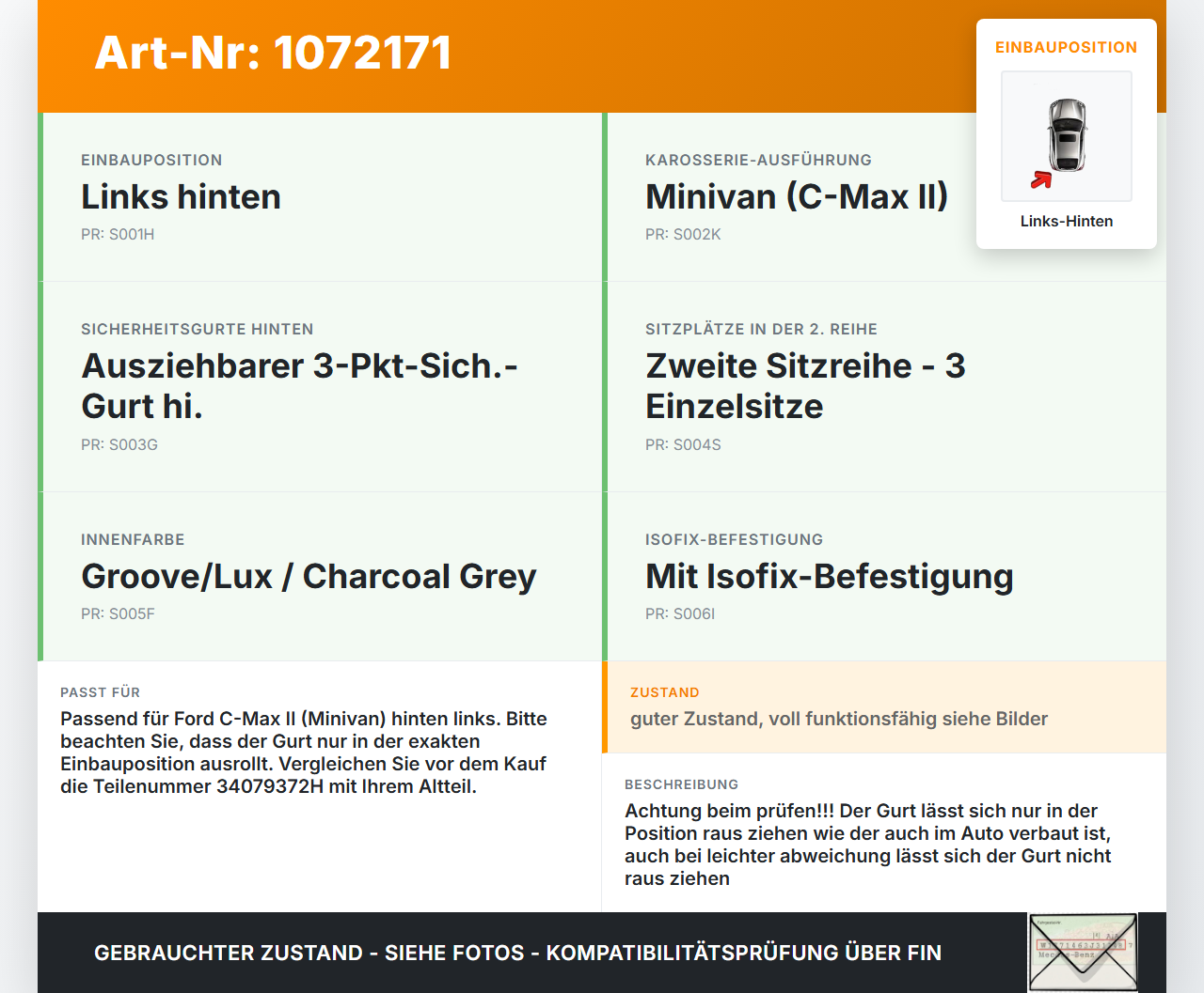 Ford C-Max II 15-19 5T Gurt Sicherheitsgurt Links Hinten Ford C-Max II 15-19 09.01.2018 AM51-R611B68-AJ3YYW... Vorschau 3