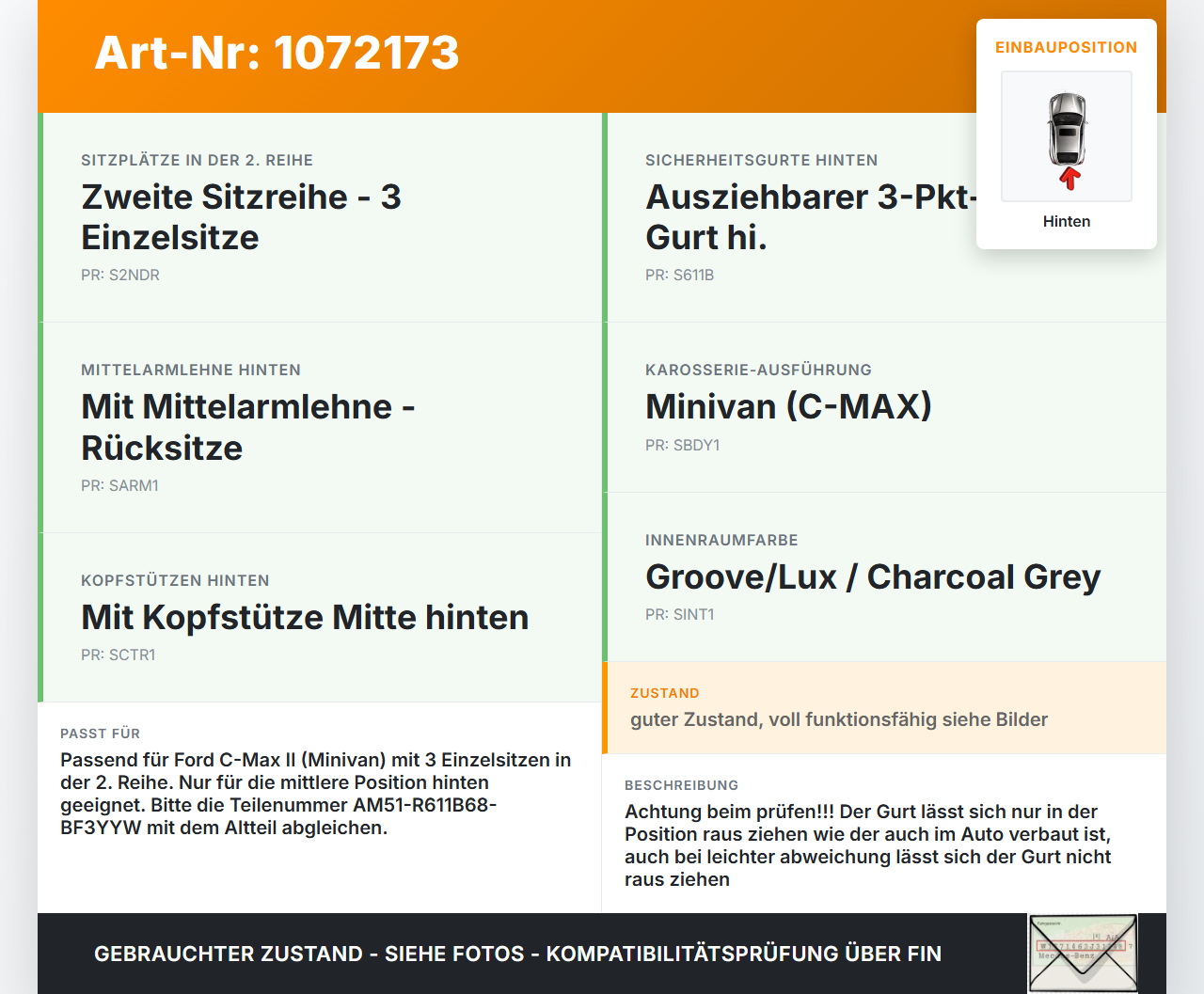 Ford C-Max II 15-19 5T Gurt Sicherheitsgurt Mitte Hinten Ford C-Max II 15-19 09.01.2018 AM51-R611B68-BF3YYW... Vorschau 3