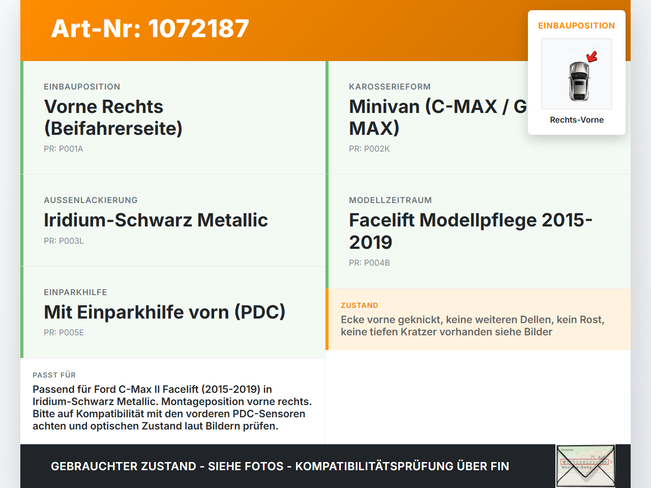 Ford C-Max II 15-19 Kotflügel Rechts Vorne Ford C-Max II 15-19 09.01.2018 PAM51-R16008-AE gebraucht Vorschau 3
