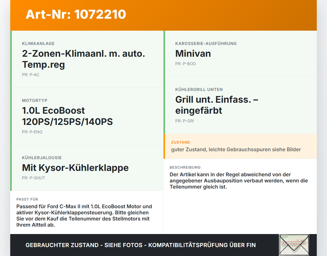 Ford C-Max II 15-19 1,0 92KW Kühlerjalousie Luftklappensteuerung Luftklappenstellmotor Ford C-Max II 15-19... Vorschau 3