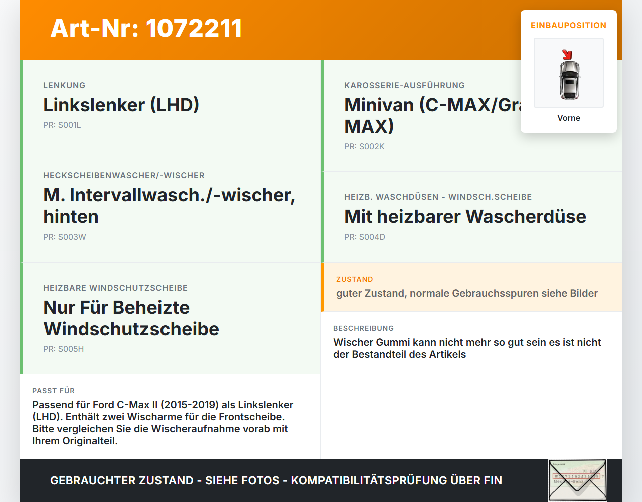 Ford C-Max II 15-19 2x Scheibenwischer Wischarm Vorne Ford C-Max II 15-19 09.01.2018 AM51-17526-AF gebraucht Vorschau 3