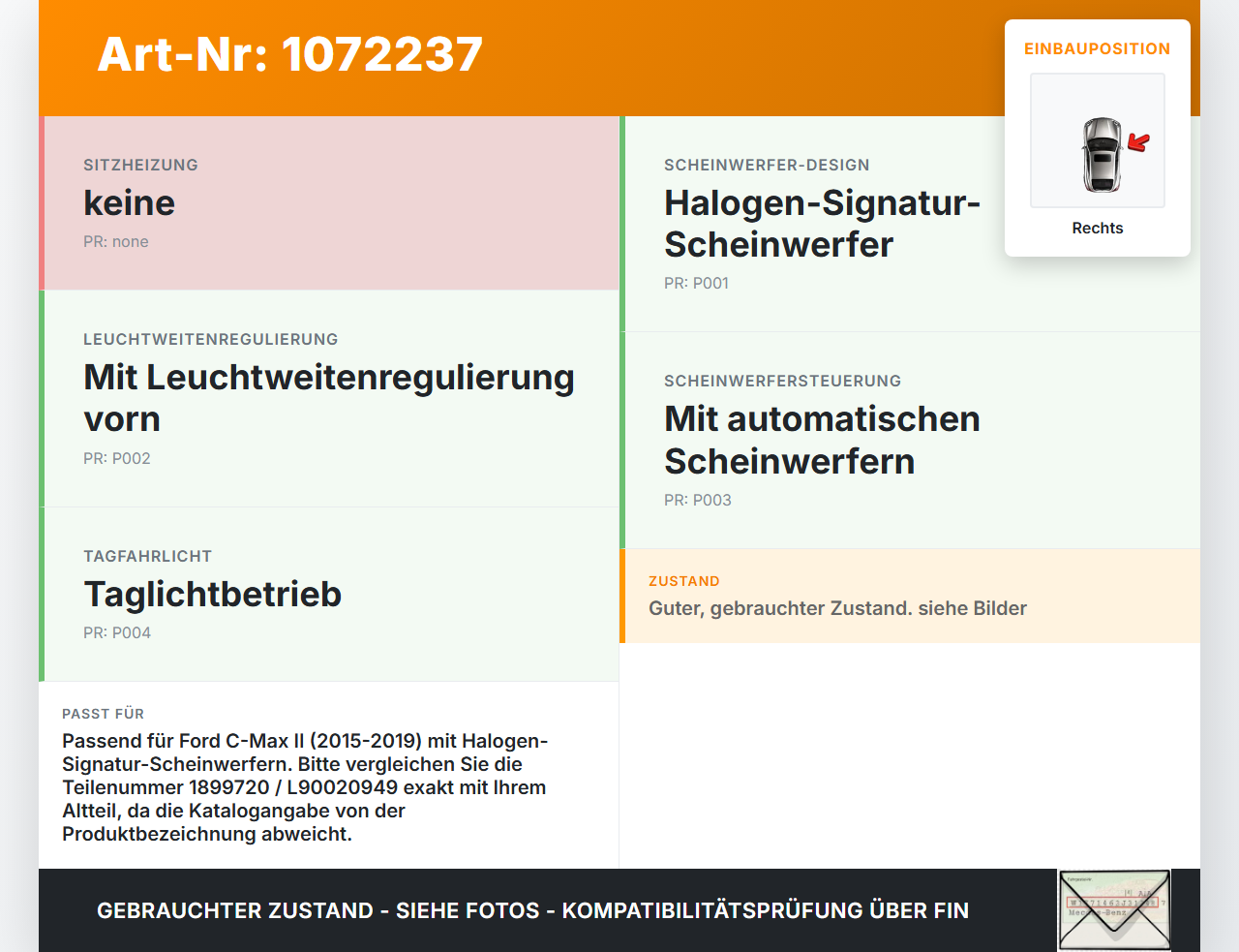 Ford C-Max II 15-19 Xenon Vorschaltgerät Rechts Ford C-Max II 15-19 09.01.2018 F1CB-13B626-AA L90118493 gebraucht Vorschau 3