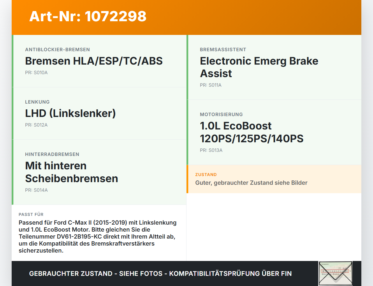 Ford C-Max II 15-19 1,0 92KW Bremskraftverstärker Ford C-Max II 15-19 09.01.2018 AV61-2005-KF DV61-2B195-KC... Vorschau 3