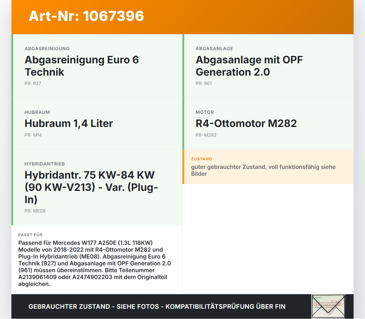 Mercedes W177 A250E 18-22 1,3 118KW Katalysator Kat Mercedes W177 A250E 18-22 26.03.2021 A2474902203 A2139061409... Vorschau 3