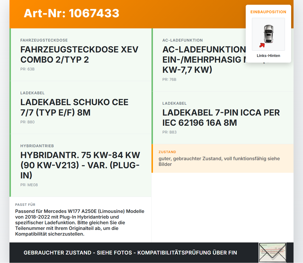 Mercedes W177 A250E 18-22 Lim Hochvolt Kabelbaum Ladedose Ladekabel Links Hinten Mercedes W177 A250E 18-22... Vorschau 3