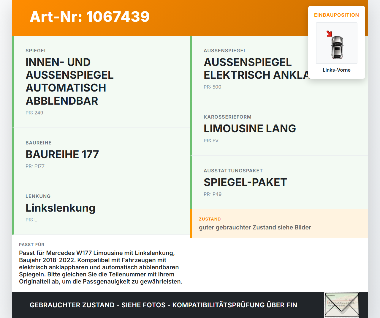 Mercedes W177 A250E 18-22 Lim Dichtung für Rahmen Tür Links Vorne Mercedes W177 A250E 18-22 26.03.2021 gebraucht Vorschau 3