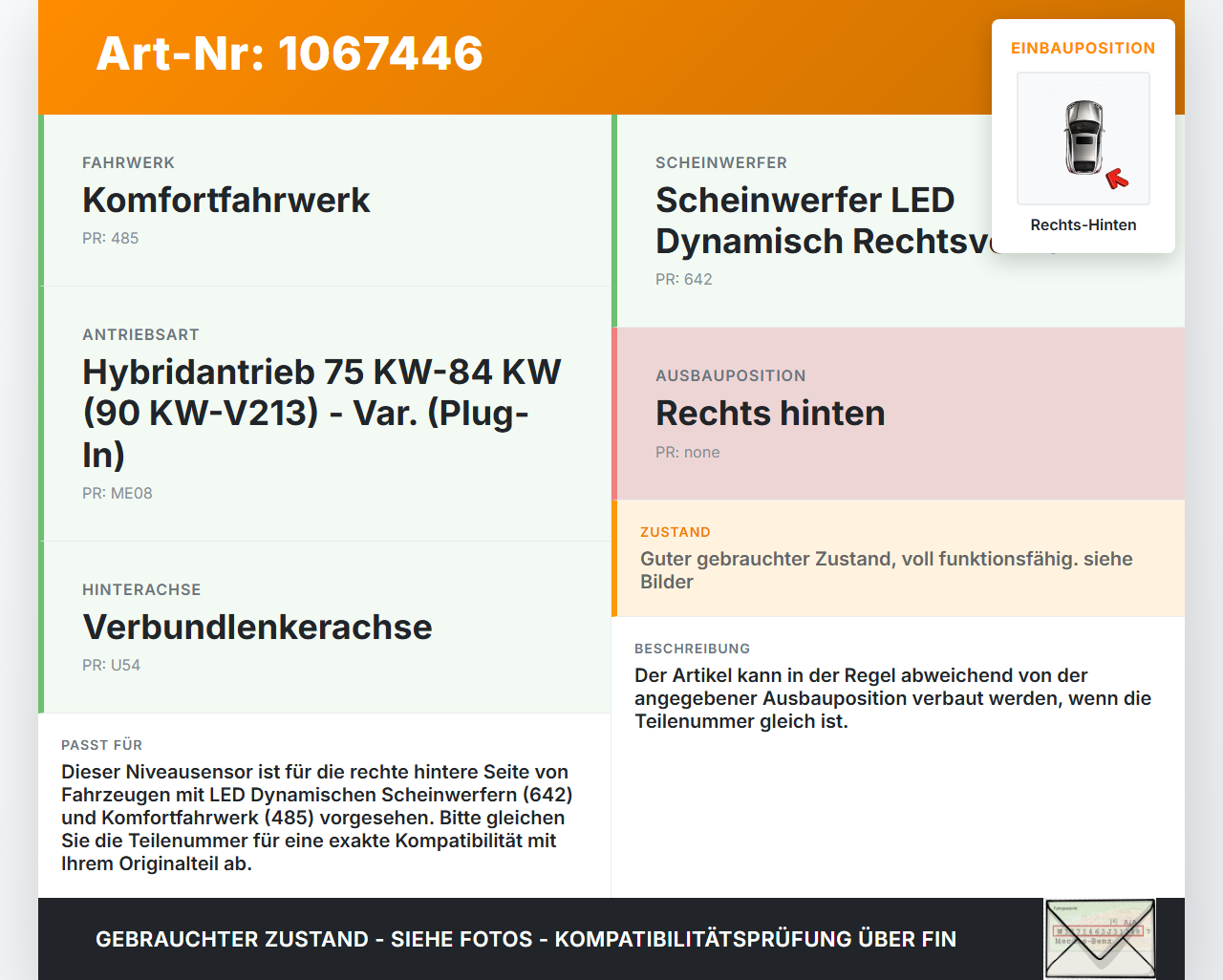 Mercedes W177 A250E 18-22 Niveausensor Xenon LWR Sensor Neigung Rechts Hinten Mercedes W177 A250E 18-22 26.03.2021... Vorschau 3