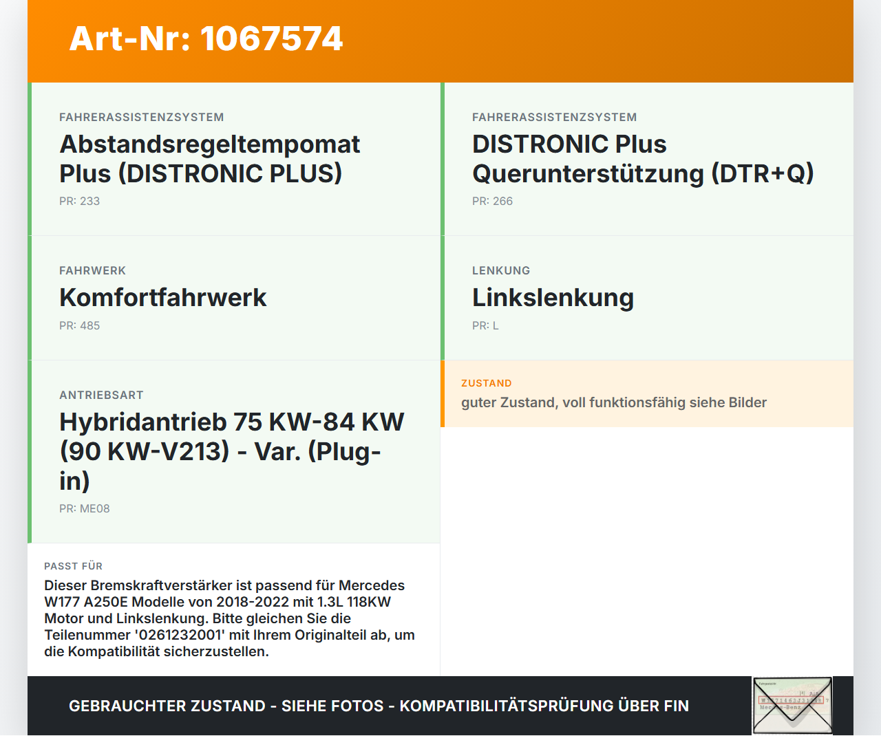 Mercedes W177 A250E 18-22 1,3 118KW Bremskraftverstärker Mercedes W177 A250E 18-22 26.03.2021 A1774302400... Vorschau 3