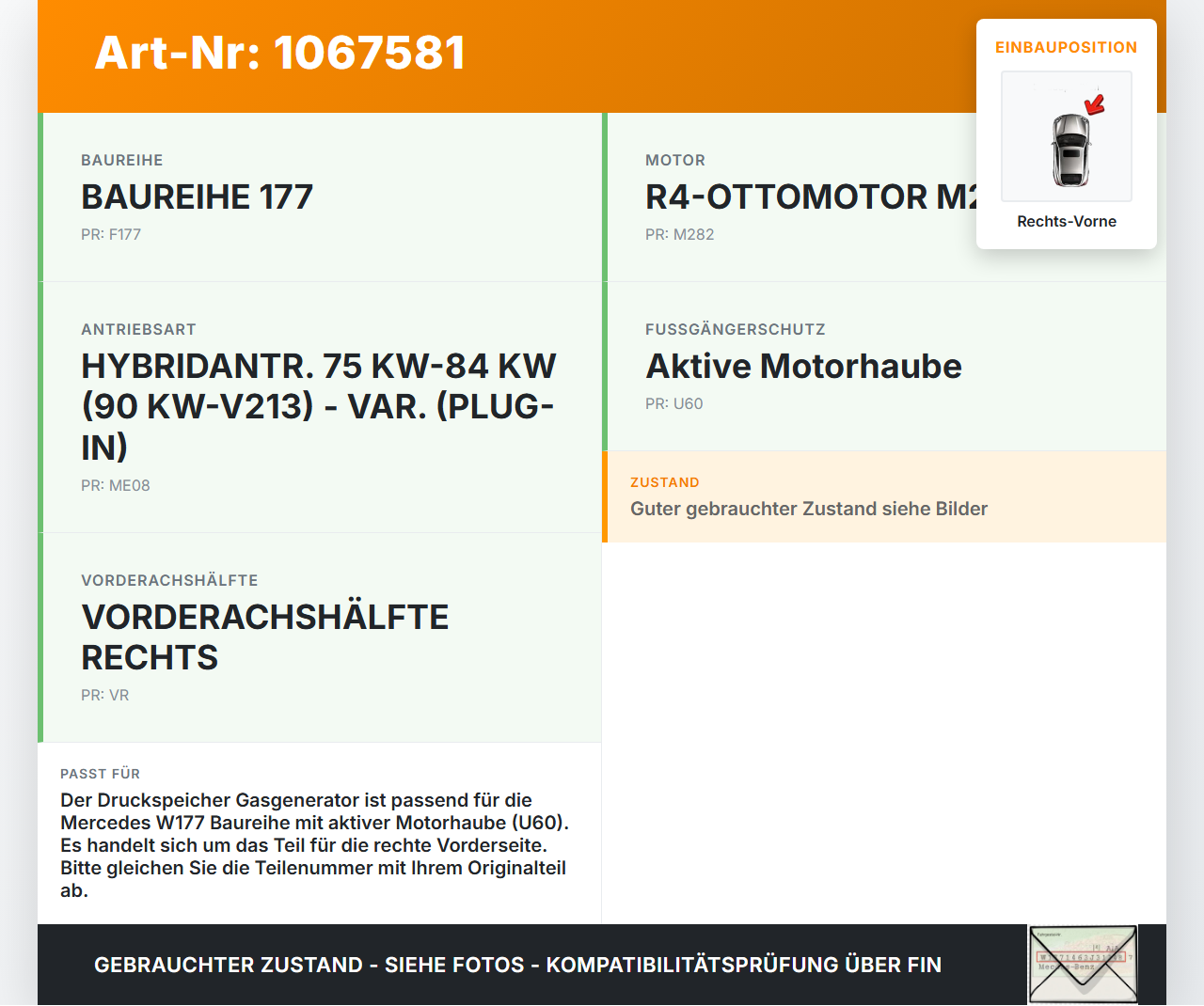 Mercedes W177 A250E 18-22 Druckspeicher Gasgenerator Aktive Motorhaube Rechts Vorne Mercedes W177 A250E 18-22... Vorschau 3