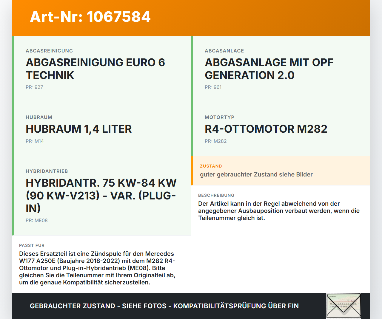 Mercedes W177 A250E 18-22 1,3 118KW Zündspule Zündmodul Stabzündspule Kerzenstecker Mercedes W177 A250E 18-22... Vorschau 3