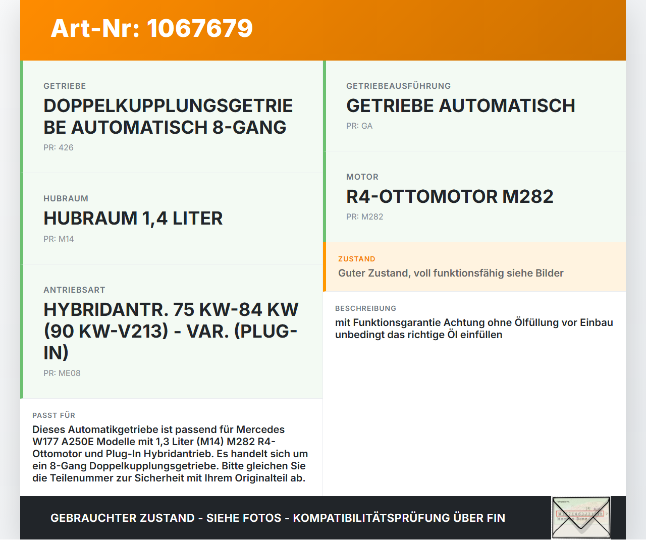 Mercedes W177 A250E 18-22 1,3 118KW 724120 Automatikgetriebe Getriebe ohne Wandler Mercedes W177 A250E 18-22... Vorschau 3