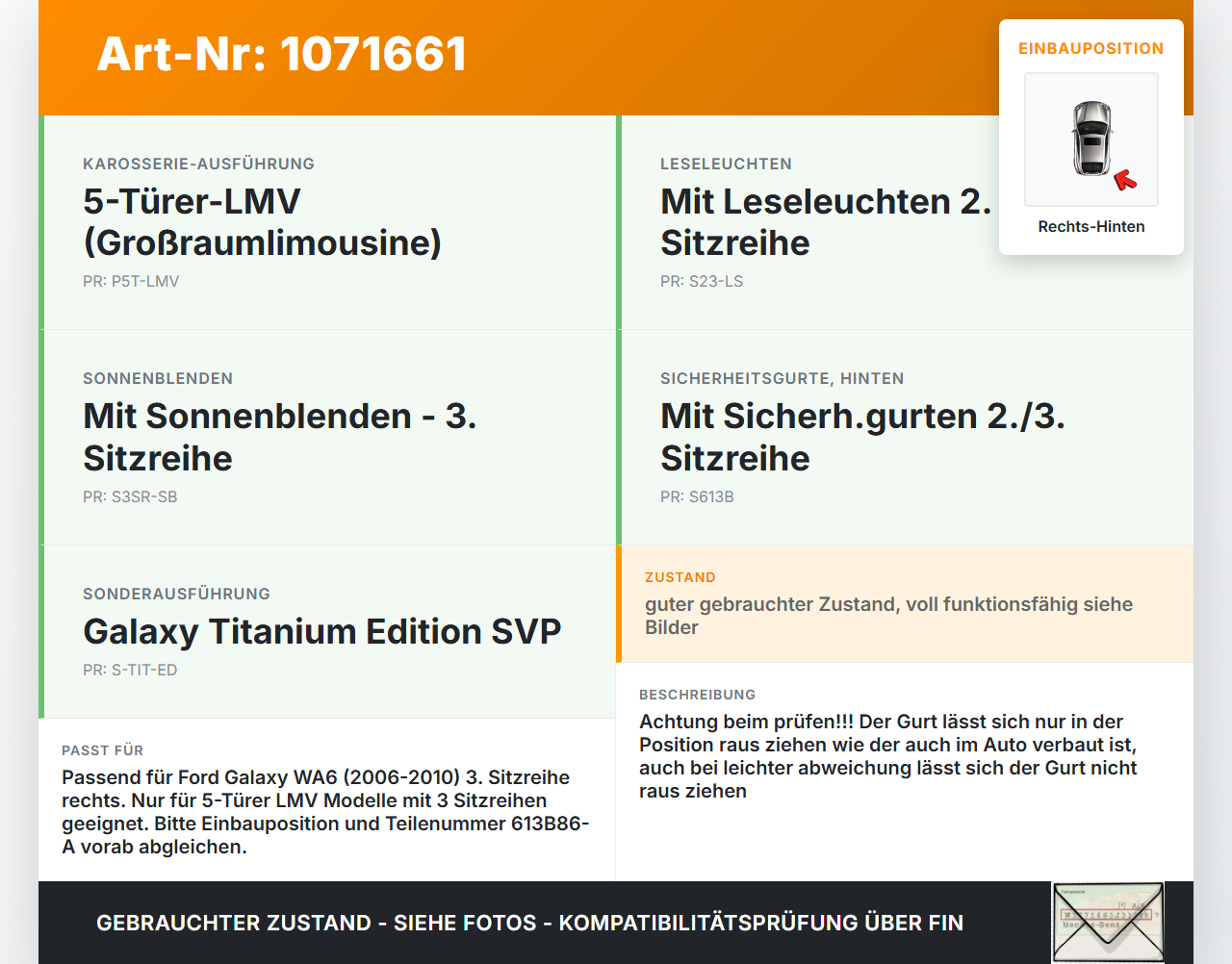 Ford Galaxy WA6 06-10 Gurt Sicherheitsgurt Rechts Hinten 3te Reihe Ford Galaxy WA6 06-10 26.09.2008... Vorschau 3