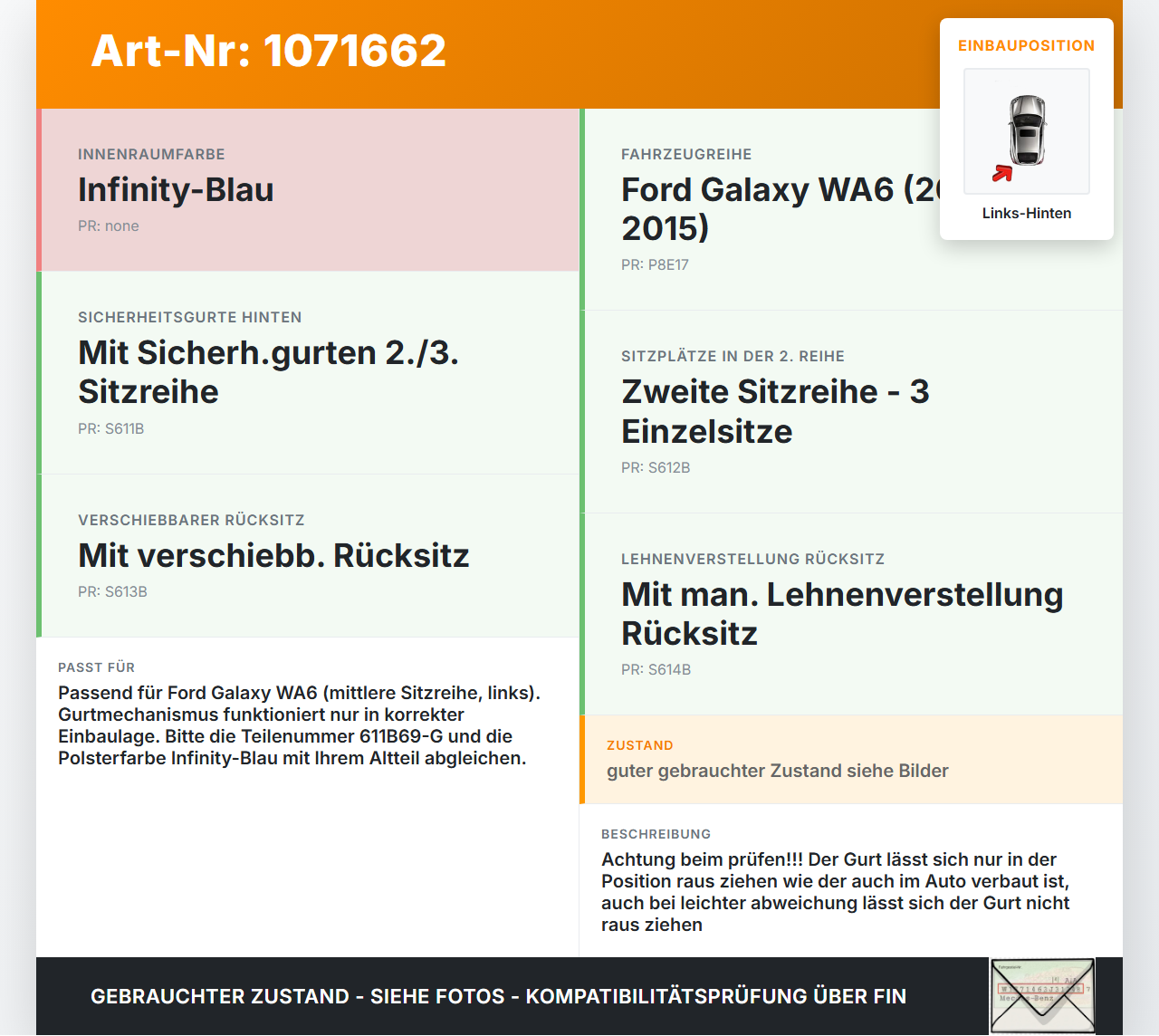 Ford Galaxy WA6 06-10 Gurt Sicherheitsgurt Links Hinten mittlere Reihe Ford Galaxy WA6 06-10 26.09.2008... Vorschau 3