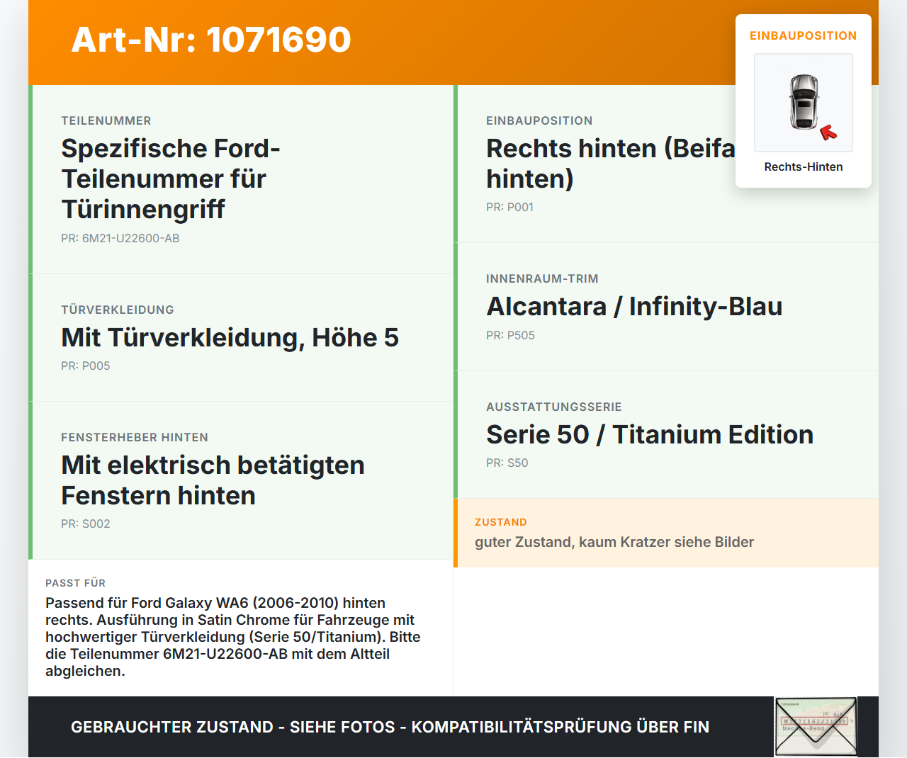 Ford Galaxy WA6 06-10 Griff Griffmuschel Türgriff Innen Rechts Hinten Ford Galaxy WA6 06-10 26.09.2008... Vorschau 3