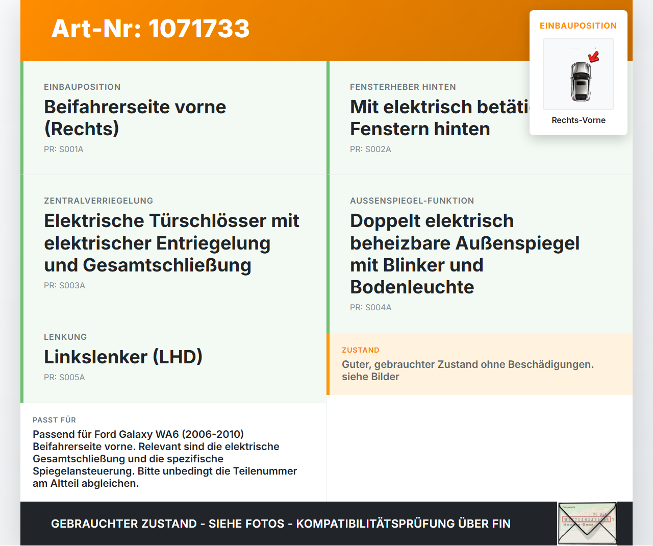 Ford Galaxy WA6 06-10 Steuergerät ECU Modul SG Türsteuergerät Rechts Vorne Ford Galaxy WA6 06-10 26.09.2008... Vorschau 3