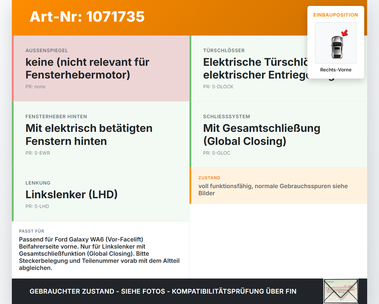 Ford Galaxy WA6 06-10 Fensterhebermotor mit Fensterheber Rechts Vorne Ford Galaxy WA6 06-10 26.09.2008... Vorschau 3