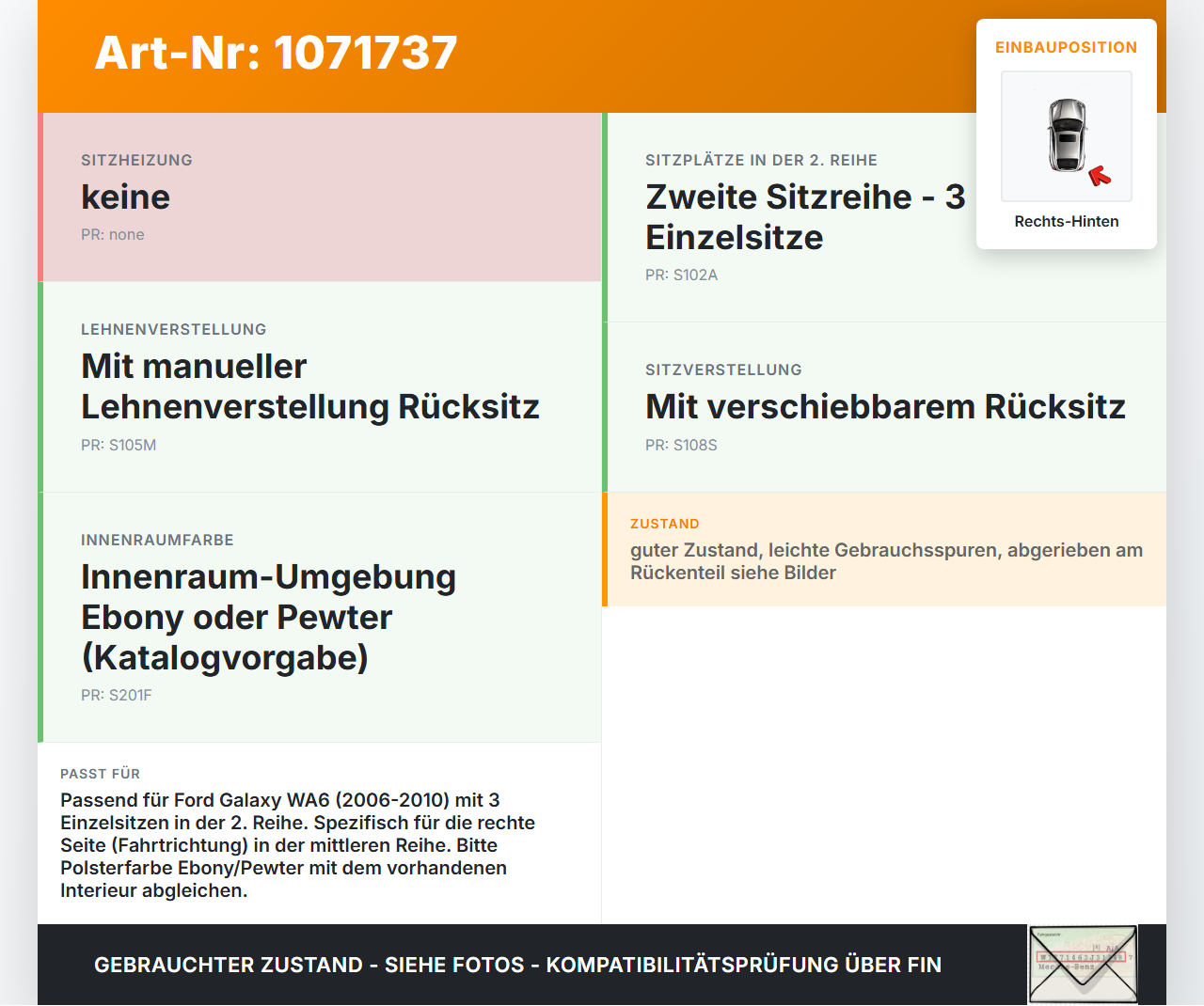 Ford Galaxy WA6 06-10 Zusatz Reserve Rücksitz Sitz Rechts Hinten mittlere Reihe Ford Galaxy WA6 06-10 26.09.2008... Vorschau 3