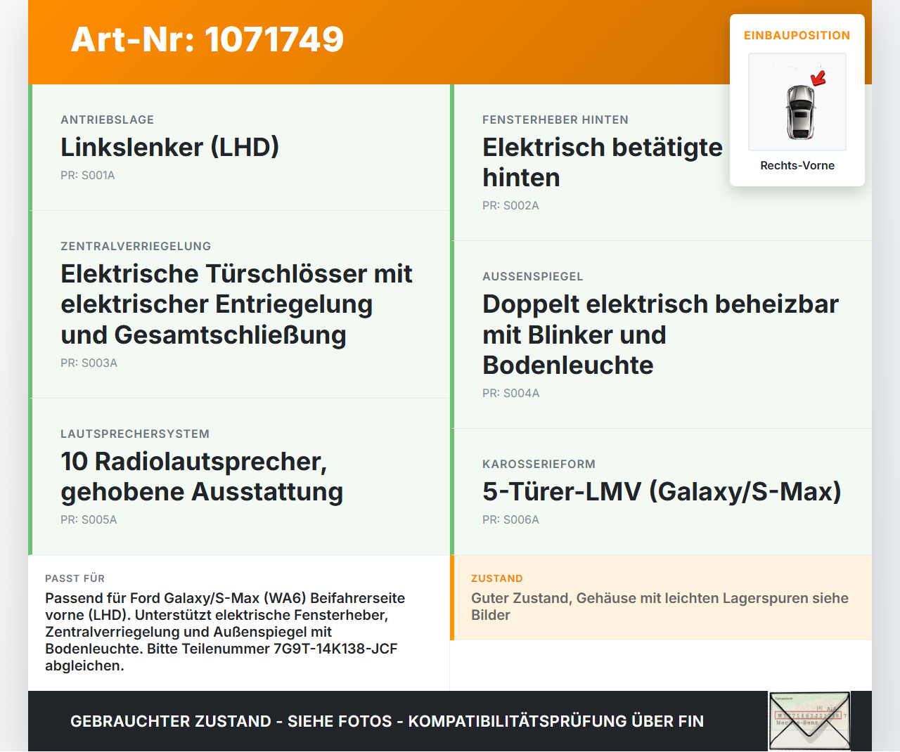 Ford Galaxy WA6 06-10 Kabelbaum für Tür und Fensterheber Rechts Vorne Ford Galaxy WA6 06-10 26.09.2008... Vorschau 3