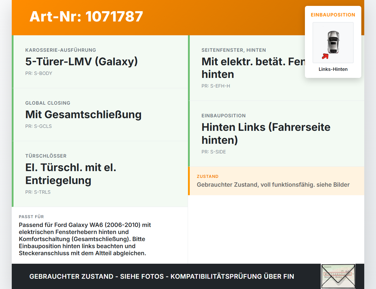 Ford Galaxy WA6 06-10 Fensterhebermotor mit Fensterheber Links Hinten Ford Galaxy WA6 06-10 26.09.2008... Vorschau 3