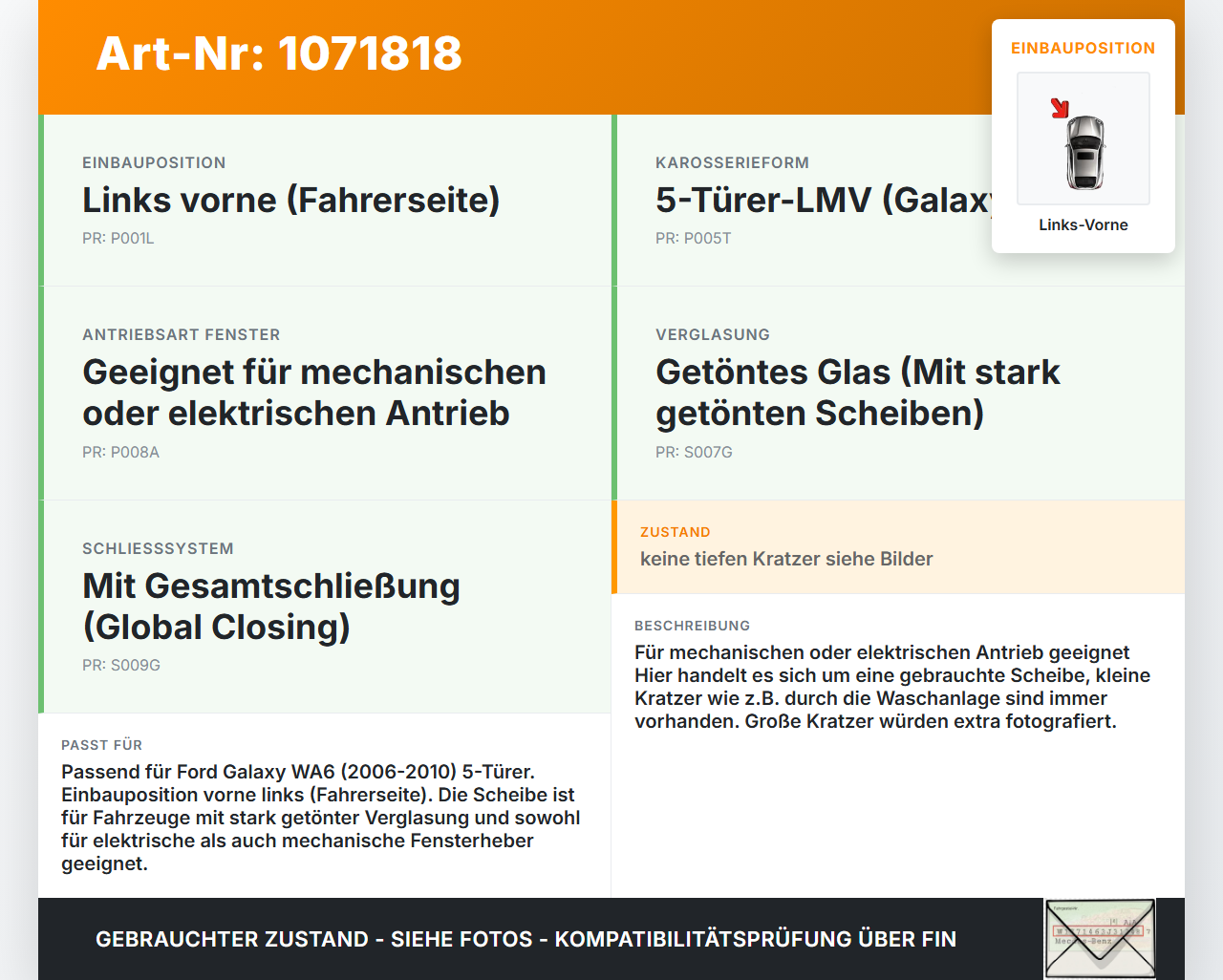 Ford Galaxy WA6 06-10 LVK Seitenscheibe für Tür Fenster Türscheibe Links Vorne Ford Galaxy WA6 06-10 26.09.2008... Vorschau 3