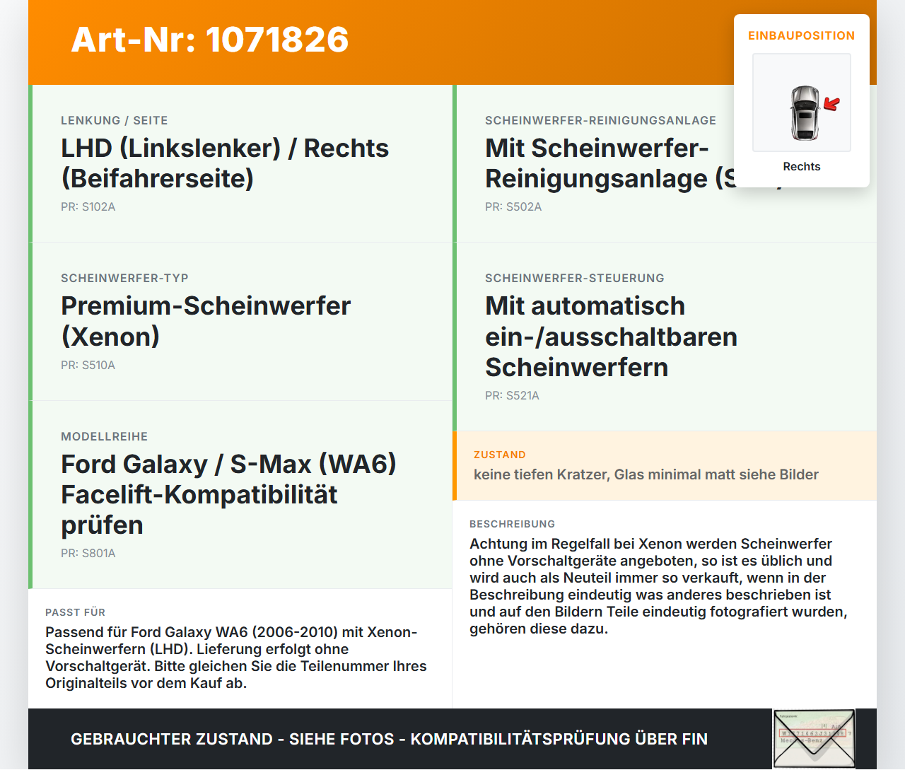Ford Galaxy WA6 06-10 Xenon Scheinwerfer Frontscheinwerfer Rechts orig. Ford Galaxy WA6 06-10 26.09.2008... Vorschau 3