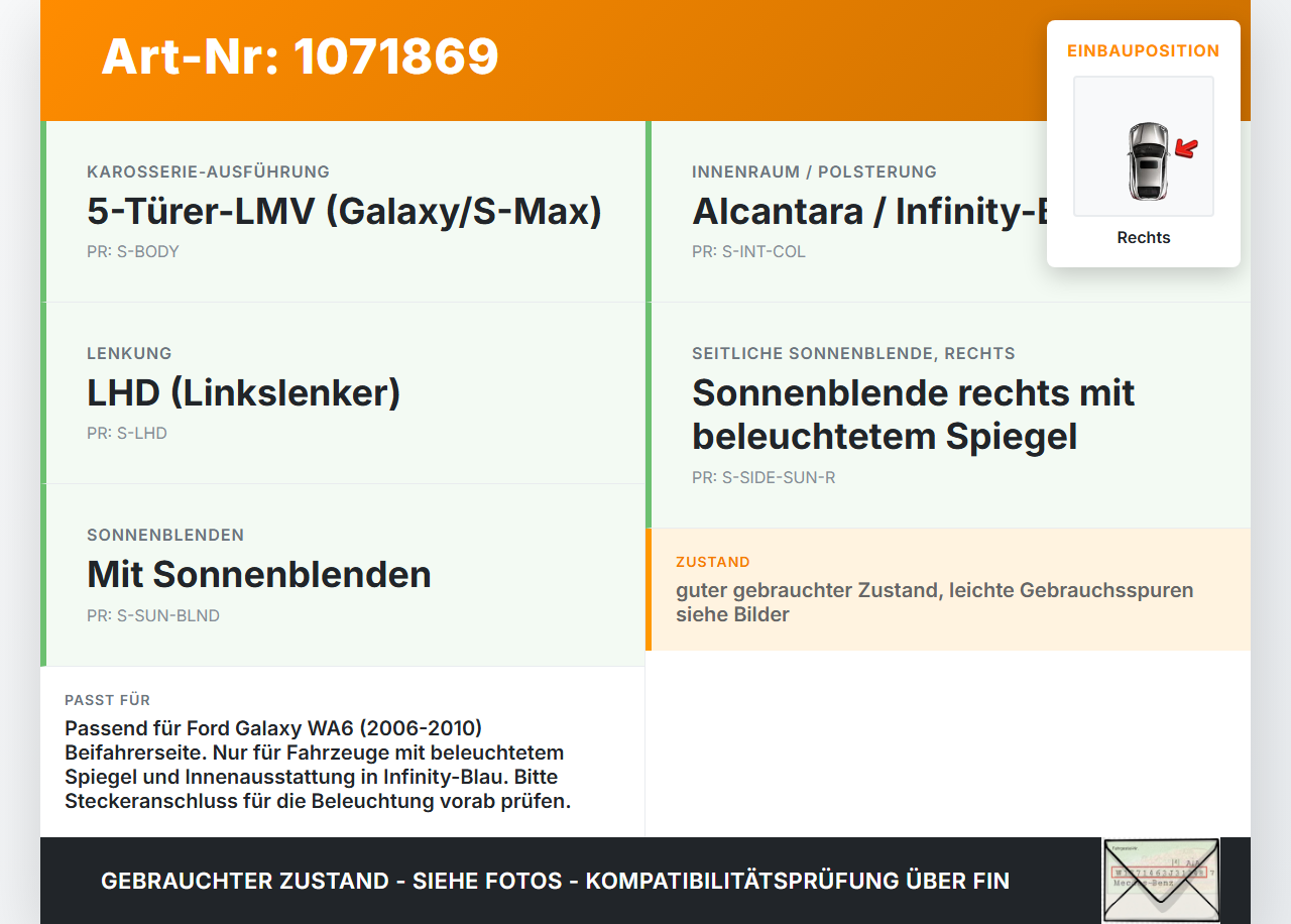 Ford Galaxy WA6 06-10 Sonnenblende Rechts Beifahrerseite Ford Galaxy WA6 06-10 26.09.2008 3M51-R04100-AJ34X1 gebraucht Vorschau 3