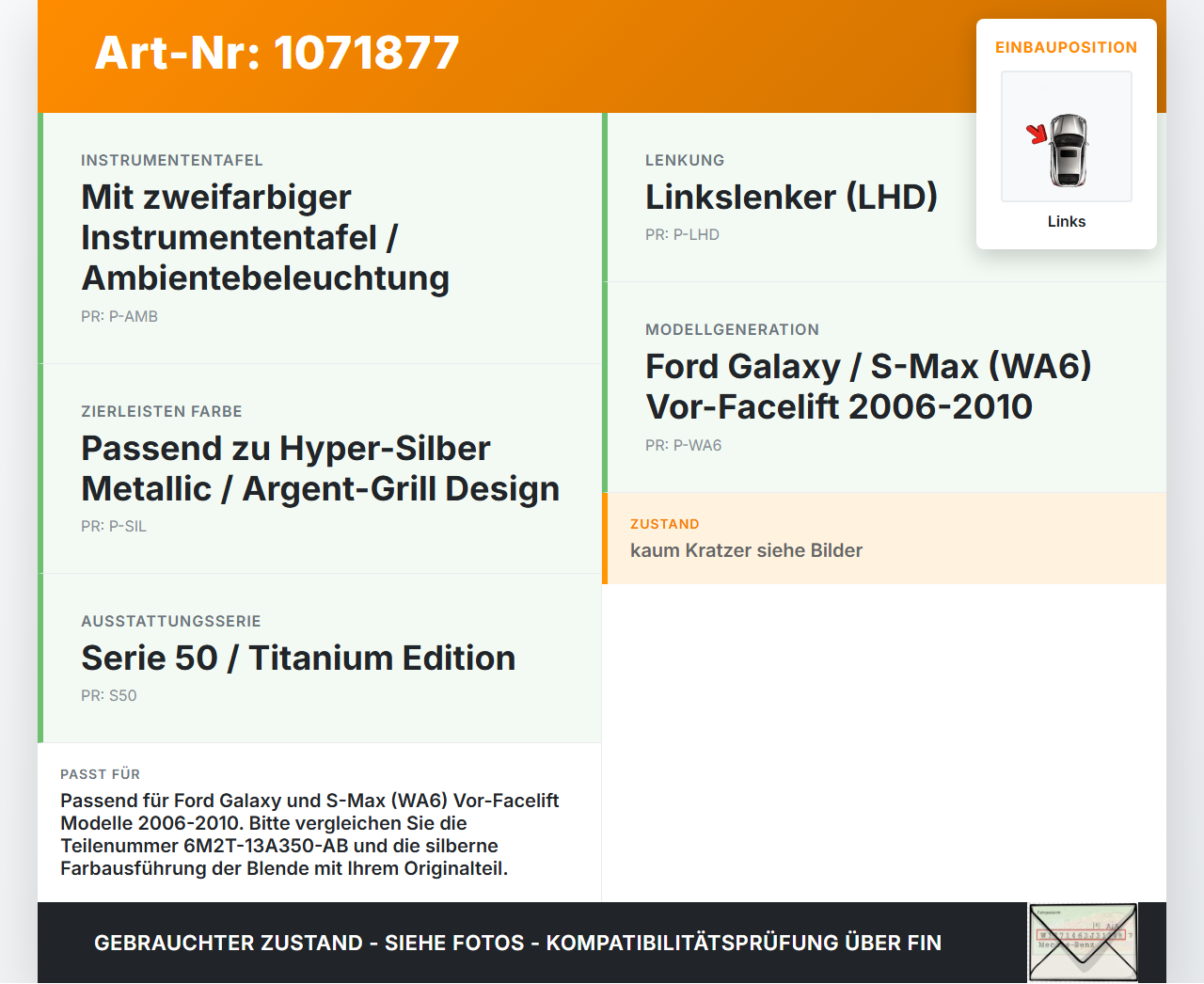 Ford Galaxy WA6 06-10 Warnblinkschalter Schalter Ford Galaxy WA6 06-10 26.09.2008 6M21-56051-AC 6M2T-13A350-AB gebraucht Vorschau 3