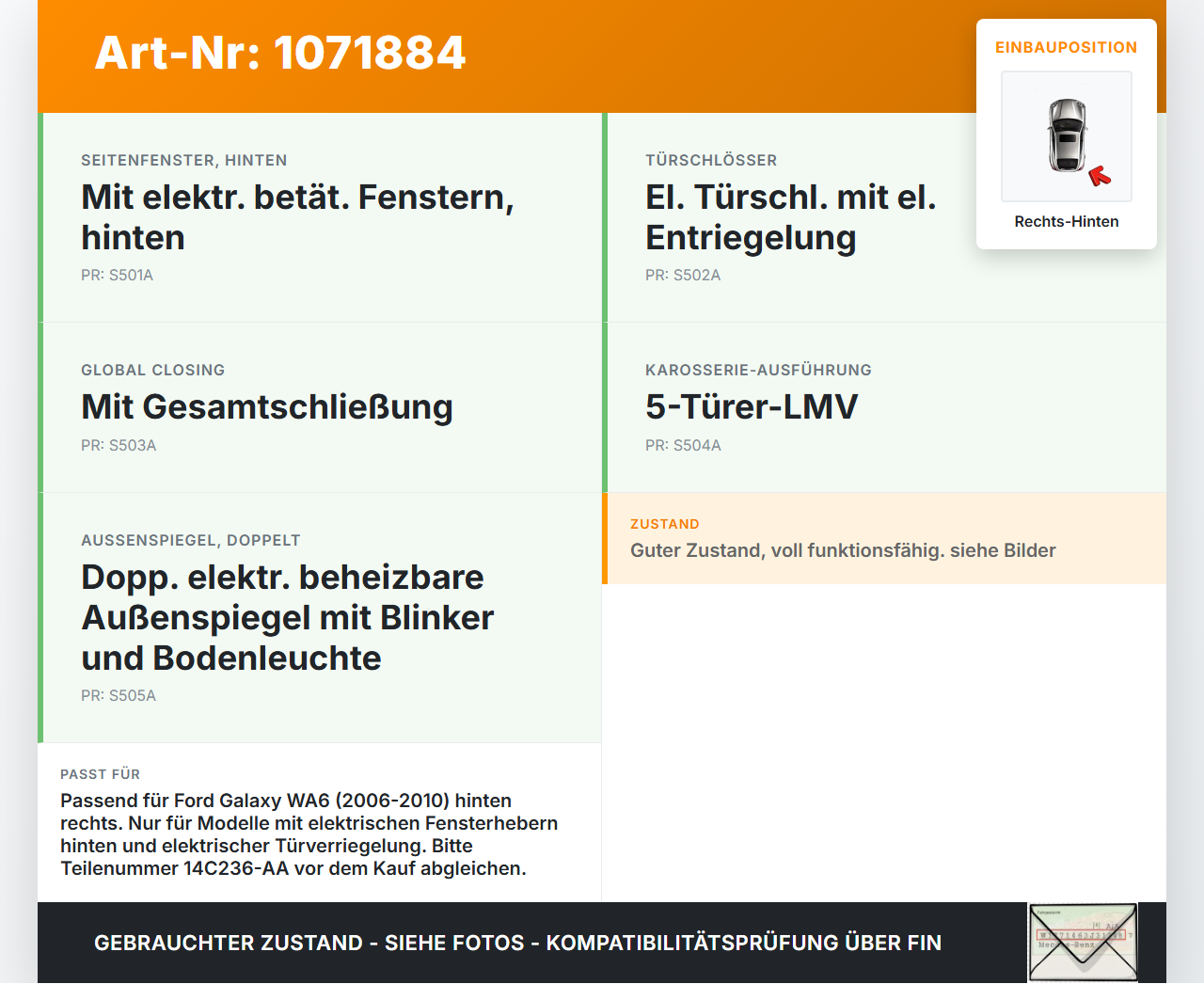 Ford Galaxy WA6 06-10 Steuergerät ECU Modul Türsteuergerät Rechts Hinten Ford Galaxy WA6 06-10 26.09.2008... Vorschau 3
