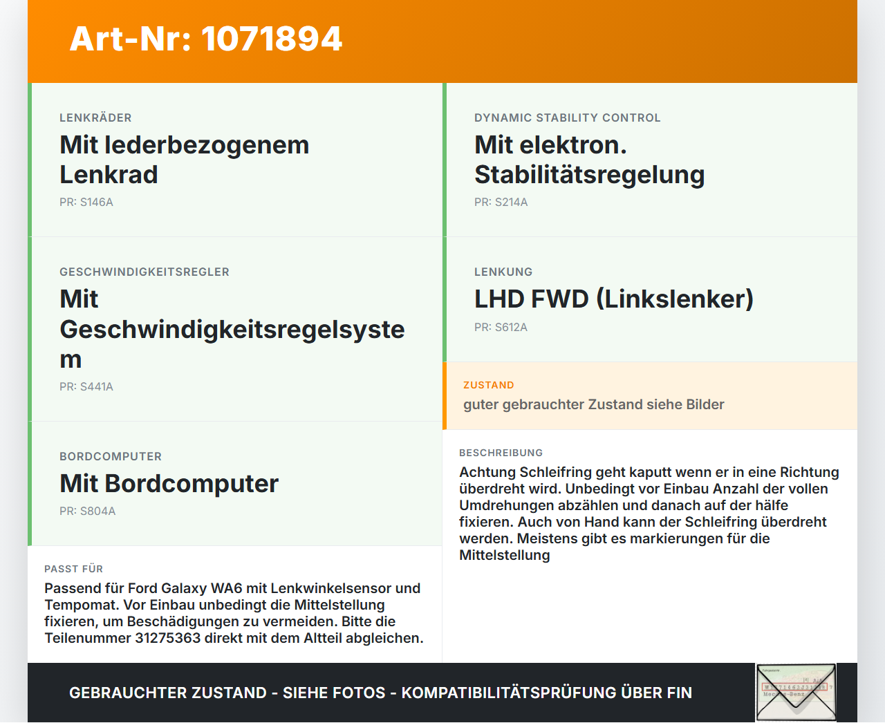 Ford Galaxy WA6 06-10 Airbag Schleifring Wickelfeder Ford Galaxy WA6 06-10 26.09.2008 6G9T-14A664-BG ANP80H057B... Vorschau 3